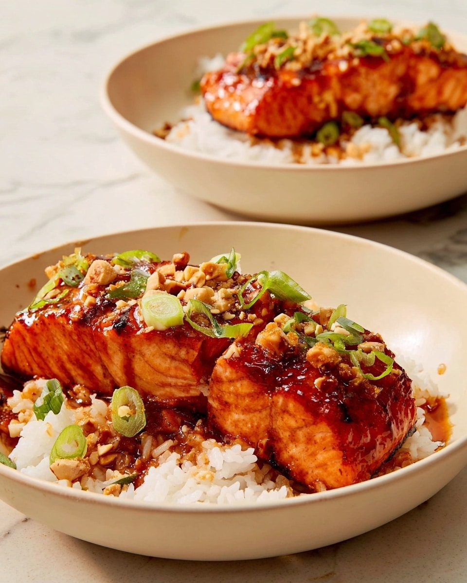 The image shows two white bowls on a white marbled surface, each filled with a base layer of white rice. On top of the rice, there are thick, glazed salmon pieces arranged in a row. The salmon has a shiny, reddish-brown color from the sauce, with a slightly charred texture on the edges. The dish is garnished with small pieces of chopped green onions and crushed nuts scattered over both the salmon and rice. The background is softly blurred, focusing on the bowl in the front. photo taken with an iphone --ar 4:5 --v 7