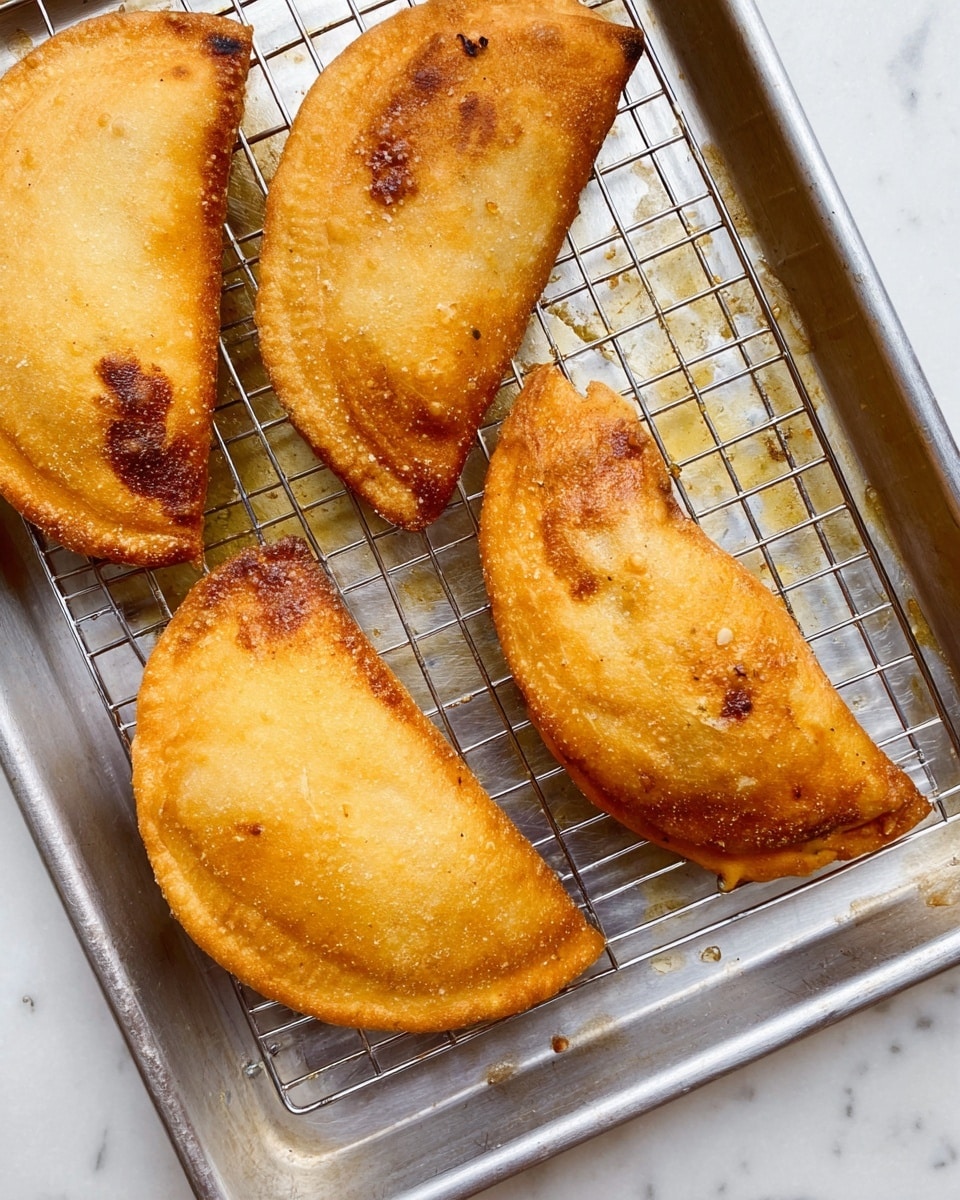 The image shows four golden-brown, fried half-circle shaped pieces of food with a crisp, slightly uneven surface and some darker toasted spots. They are placed on a metal rack inside a silver baking tray, with the tray showing slight signs of use and oil marks. The crispy pieces are arranged close together but not overlapping, and some filling is slightly visible on the edges of one piece, hinting at a stuffed inside. The scene is set on a white marbled textured surface. photo taken with an iphone --ar 4:5 --v 7