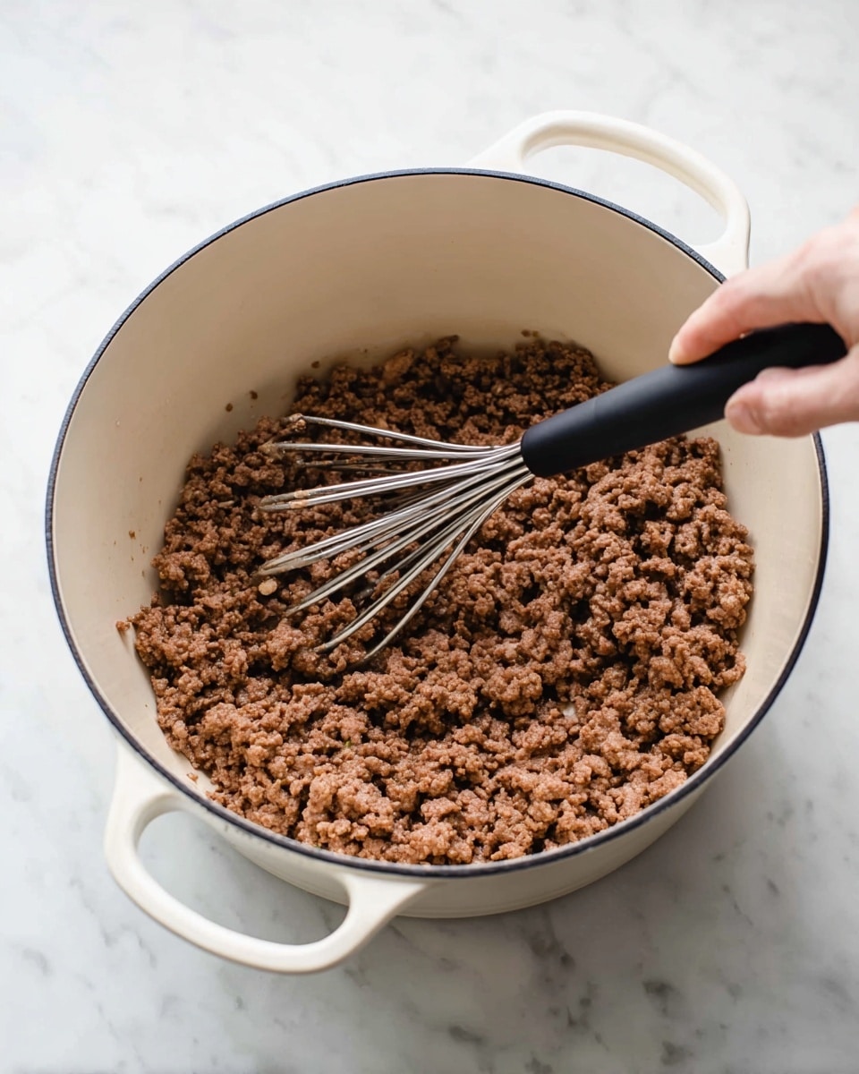 A white pot filled with browned ground meat showing uneven texture with small chunks and slight moisture glistening. A woman's hand holds a black and metal potato masher inside the pot, mashing the meat. The pot is on a white marbled surface, and part of the pot's handle is visible on the right side. The scene is bright with soft natural light coming from above. photo taken with an iphone --ar 4:5 --v 7