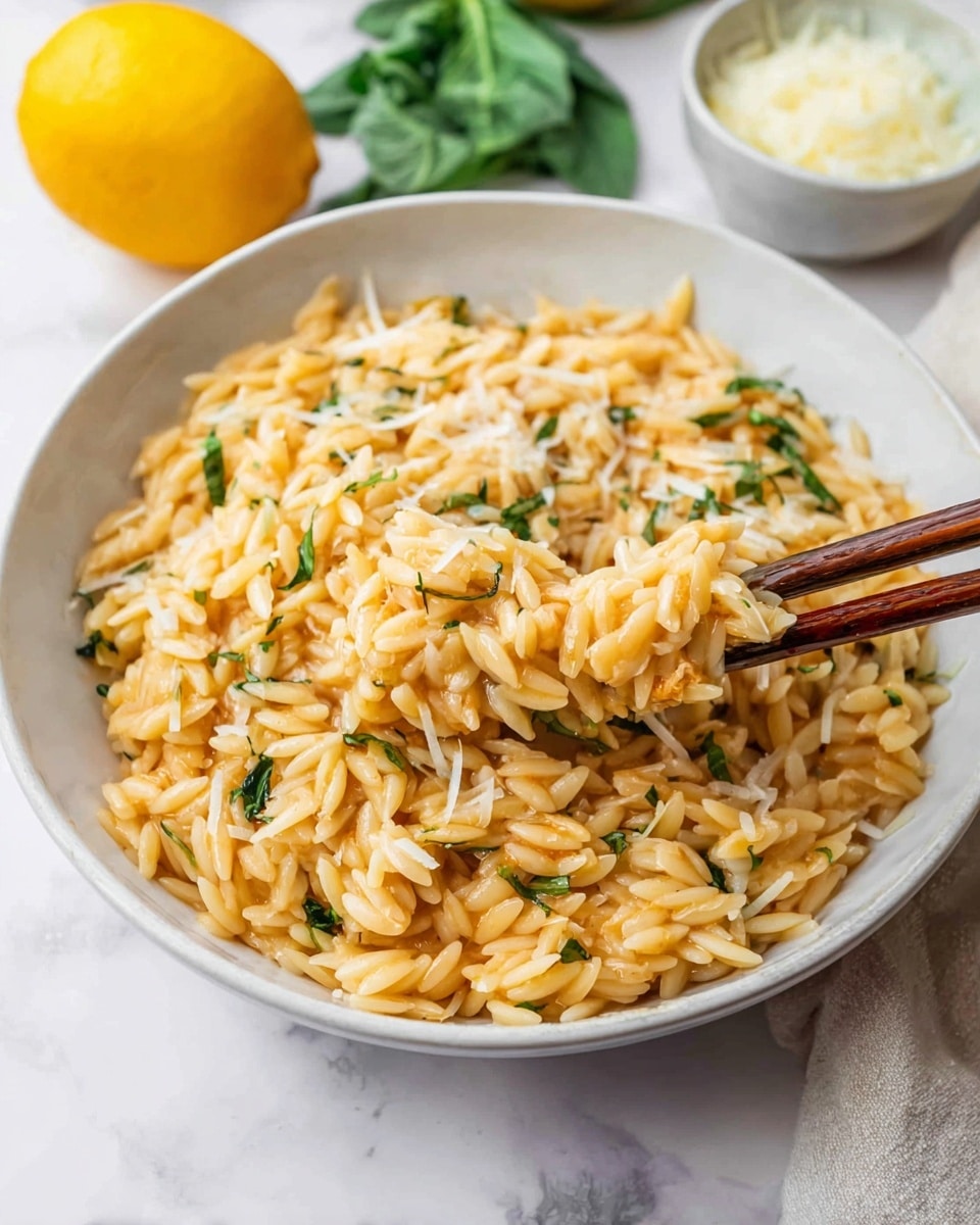 A white bowl filled with creamy orzo pasta that has a light orange and yellow tint from the sauce, with small bits of green herbs scattered evenly throughout the dish. The orzo grains appear soft and coated in a smooth sauce, with some cheese shavings on top adding white streaks and a bit of texture. A pair of brown wooden chopsticks lifts a small portion from the center of the bowl. In the background, there is a small white bowl of grated cheese, some leafy greens, a yellow lemon, and a light beige cloth, all set on a white marbled surface. Photo taken with an iphone --ar 4:5 --v 7