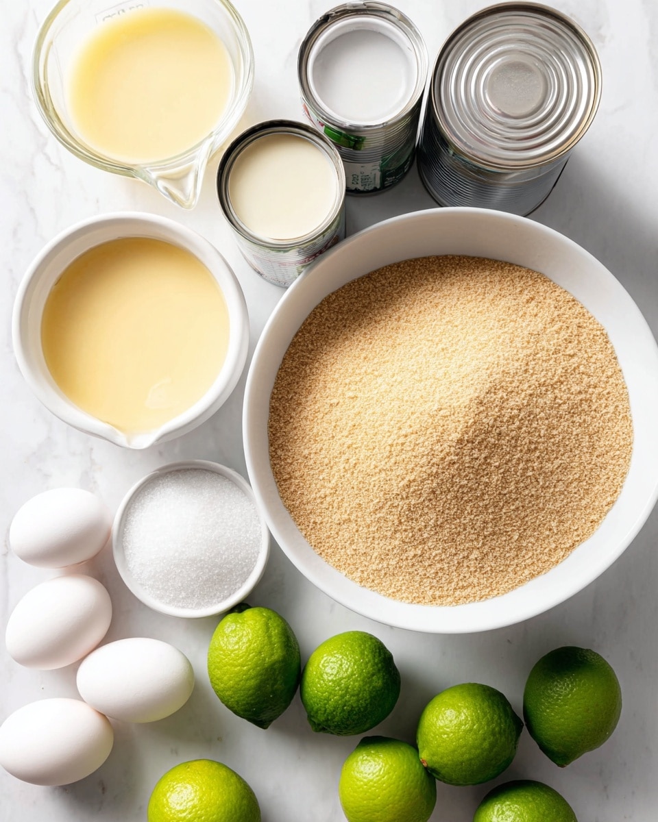 The image shows several ingredients laid out on a white marbled surface. On the right, there is a large white bowl filled with a single layer of light brown powdery crumbs. To the left of the bowl are two unopened cans, one closed and one open showing a creamy white liquid inside. Nearby is a white bowl containing melted yellow butter with a smooth texture. Below that is a glass measuring cup filled with a beige liquid. On the bottom left, there are five white eggs arranged loosely, and near them a small white bowl filled with granulated white sugar. Scattered around the scene are six whole green limes with slightly uneven skins. The lighting is bright and even, highlighting all the elements clearly. photo taken with an iphone --ar 4:5 --v 7