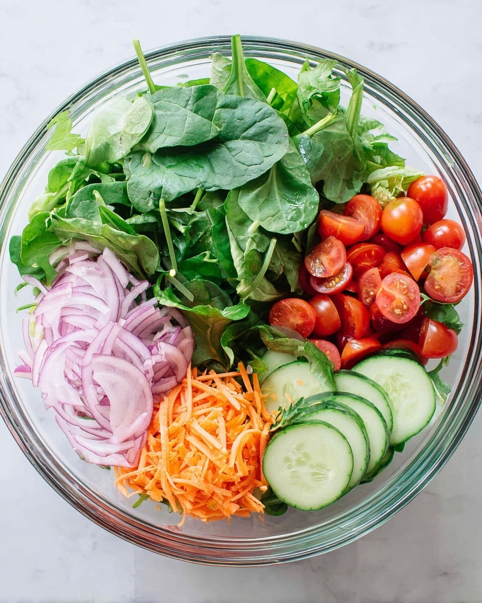 A clear glass bowl filled with fresh salad ingredients arranged in layers on a white marbled surface. The bottom layer consists of dark green spinach leaves, topped with bright green arugula leaves covering nearly half the bowl. To the right, there are halved red cherry tomatoes sitting on the spinach and arugula. Next to the tomatoes are several thin light green cucumber slices with visible seeds, overlapping each other. On the left side, a small pile of thinly sliced light purple onions is placed beside a mound of shredded orange carrots. The salad is colorful with fresh textures and vibrant tones. photo taken with an iphone --ar 4:5 --v 7