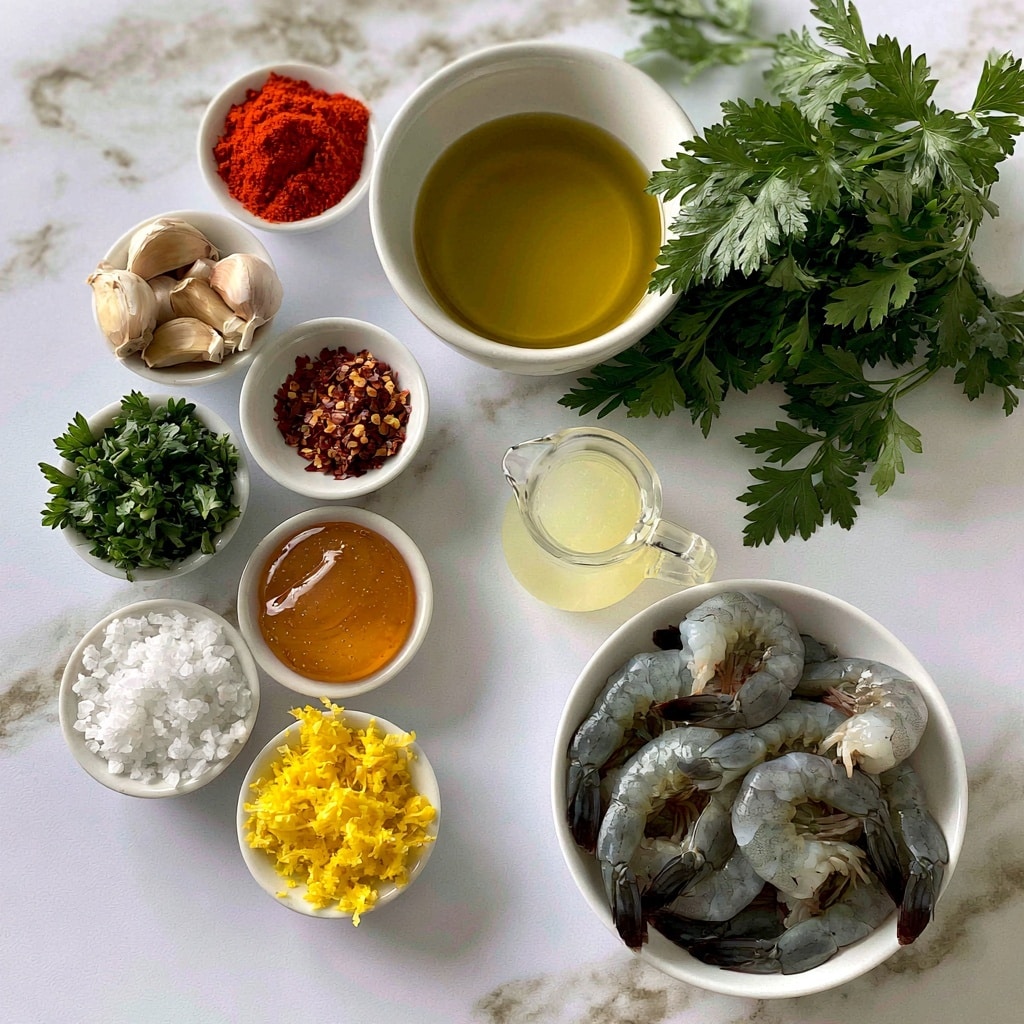 The image shows ingredients neatly arranged on a white marbled surface for a shrimp dish. In the bottom right corner, there is a white bowl filled with raw shrimp that are pale grey with dark tails. Next to it is a small clear glass pitcher with light yellow lemon juice. A larger white bowl filled with golden olive oil sits nearby. Fresh green parsley is placed on the upper right side. Small white bowls with raw garlic cloves, chopped parsley, red paprika powder, red pepper flakes, honey with a smooth amber texture, coarse white kosher salt, and bright yellow lemon zest are arranged on the left side in a curved line. Each ingredient is clearly spaced and labeled. Photo taken with an iphone --ar 4:5 --v 7