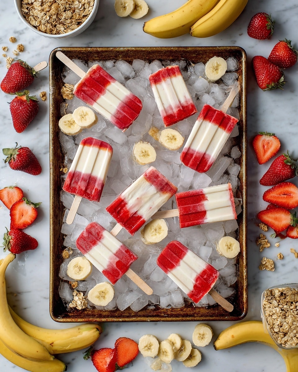 The image shows several frozen popsicles lying flat on a white marbled surface, each with two main layers: the top and bottom layers are creamy white, smooth textured, and the middle layer is bright red with a slightly rough texture, likely made of crushed fruit; the popsicles have a wooden stick at the bottom center. Around the popsicles, there are clear ice cubes scattered and a few halves of fresh bright red strawberries with visible seeds. Photo taken with an iphone --ar 4:5 --v 7