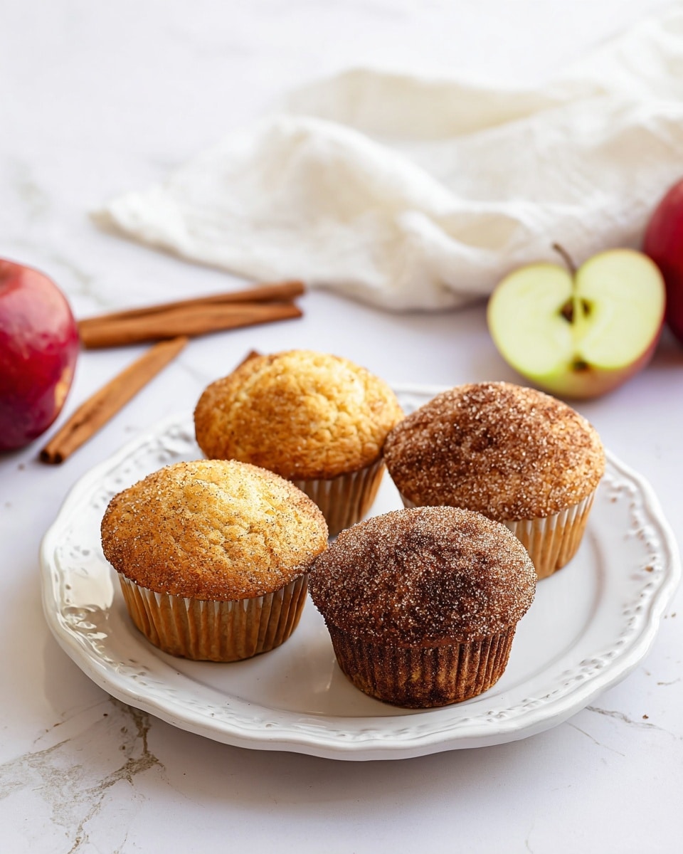 Four muffins with sugar and cinnamon on top sit on a white plate with ornate edges placed on a white marbled surface. Three muffins have a dark cinnamon sugar crust covering the entire top layer, giving a textured look, while one muffin is plain golden brown and smooth on top. In the background, there is a white cloth with a subtle texture, a red apple cut in halves revealing a light green inside, a whole red apple, and two cinnamon sticks next to the plate. Photo taken with an iphone --ar 4:5 --v 7