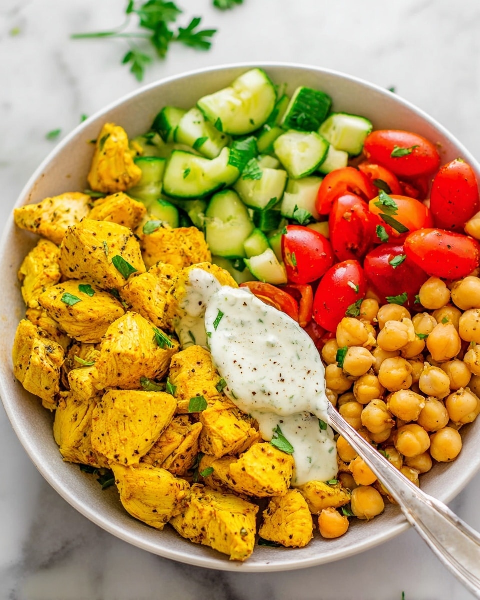 A white bowl with four layers arranged side by side: bright yellow cooked chicken pieces with visible black pepper on the front right side, green cucumber chunks with skin on the top middle, light brown cooked chickpeas on the top right, and red cherry tomato halves on the left. A spoon with white creamy sauce rests across the chicken and cucumber, and there are small green parsley leaves placed sporadically inside the bowl. The bowl sits on a white marbled surface. Photo taken with an iphone --ar 4:5 --v 7