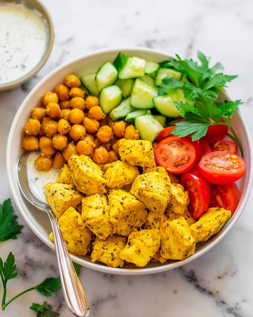 A white bowl is filled with four sections of food on a white marbled surface. The first section has bright yellow chunks of cooked chicken with black pepper specks, placed near the front. Behind the chicken is a bunch of cooked round chickpeas in a golden-brown color. To the left of the chickpeas are small green cucumber pieces with a fresh texture. In front of the cucumbers are bright red cherry tomato halves. A metal spoon with white sauce rests on the tomatoes, angled slightly toward the chicken. Green parsley leaves add a fresh touch near the chickpeas. The photo is taken with an iphone --ar 4:5 --v 7