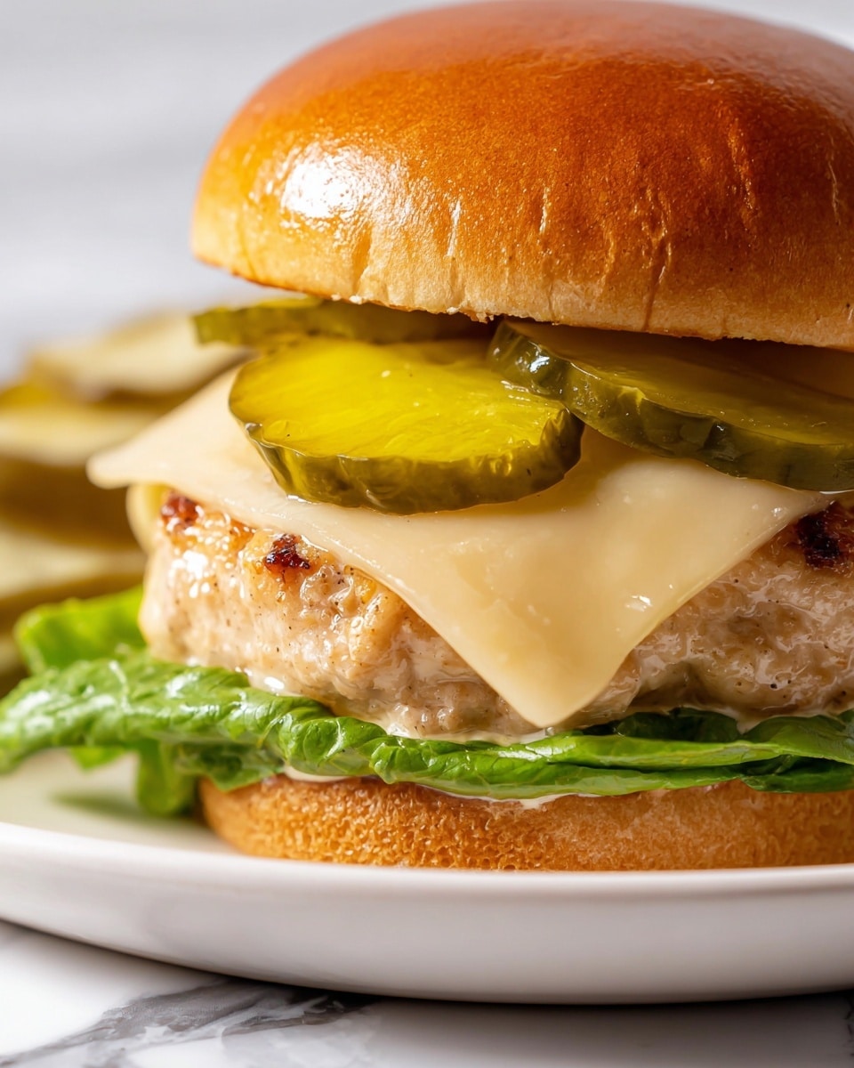 A close-up of a sandwich on a white plate with a white marbled surface, showing four layers: at the bottom, fresh green lettuce leaves; above that, a grilled chicken patty with a light brown crust; on top of the chicken is a melted slice of pale yellow cheese that drapes over the edges; next, two bright green, glossy pickle slices sit above the cheese; and finally, a soft, golden-brown sandwich bun crowns the stack. The textures are soft and smooth with slight grill marks on the chicken, and the lighting emphasizes the shine on the pickles. photo taken with an iphone --ar 4:5 --v 7