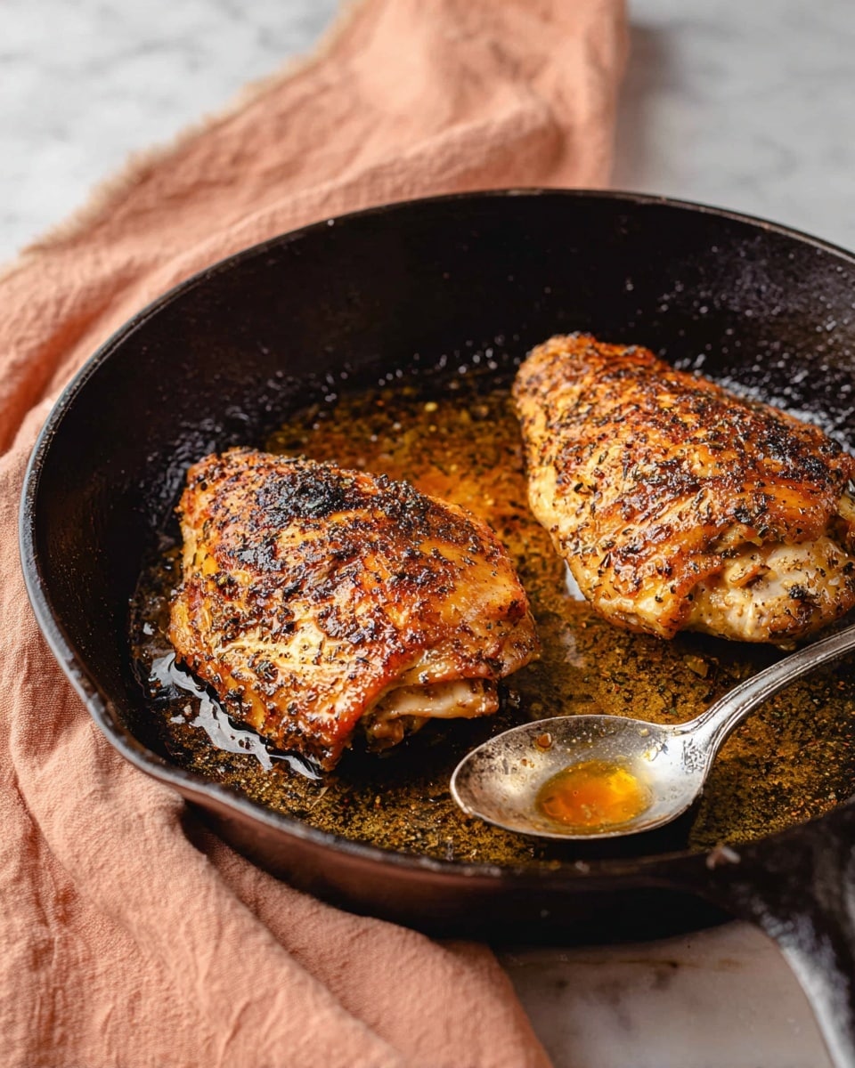 Two golden brown chicken pieces sit in a black cast iron pan with a glossy, oily surface from cooking. The chicken is well-seasoned with dark specks of herbs and spices visible on the crispy skin. A silver spoon rests over one piece, with a small amount of sauce dripping from it. In the background, a soft, peach-colored cloth adds a cozy touch, and the pan is placed on a white marbled surface. photo taken with an iphone --ar 4:5 --v 7
