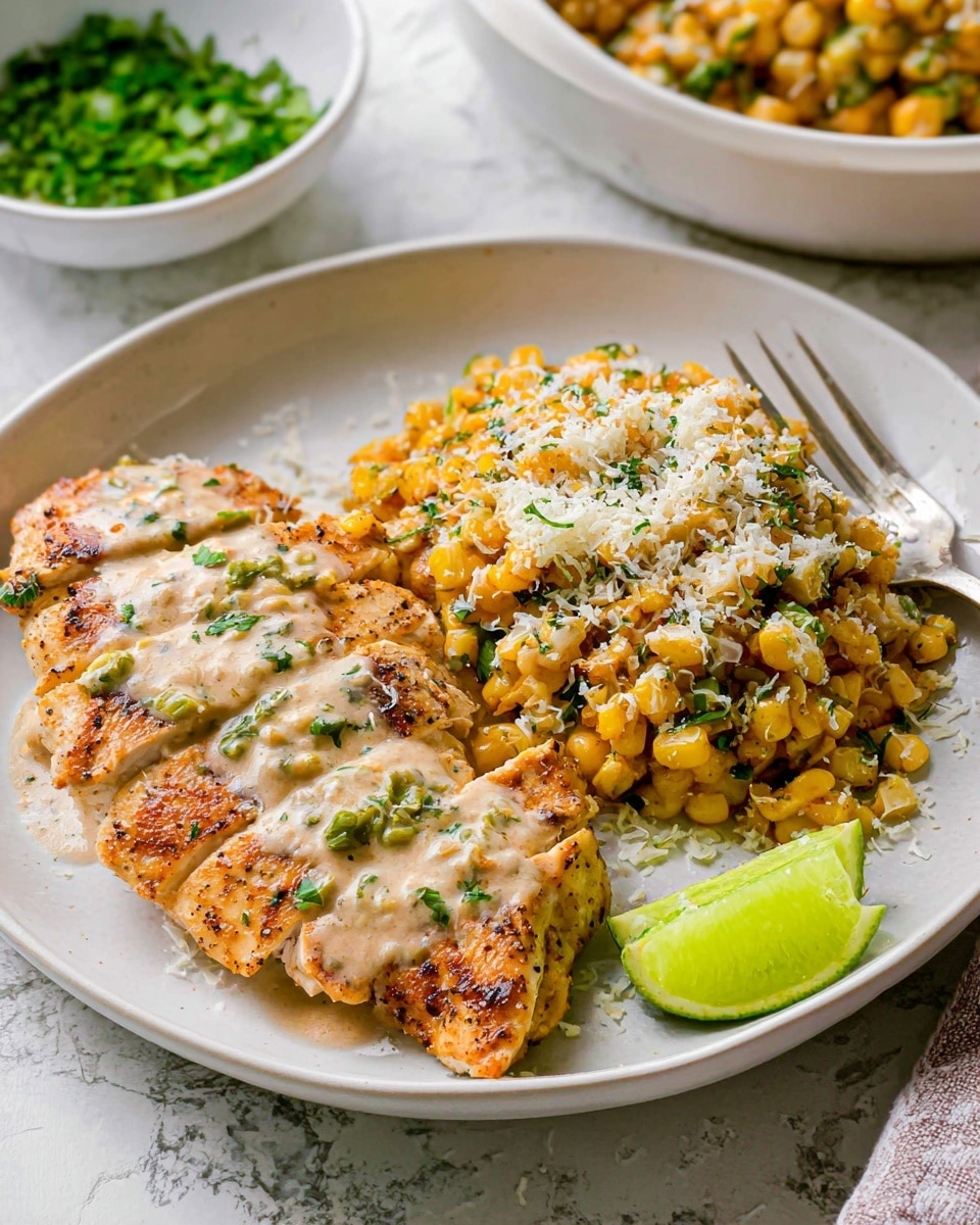 On a white plate, there are two main parts: on the left side, sliced cooked chicken with a light golden brown color, topped with a creamy light beige sauce and small pieces of green herbs; on the right side, a mound of cooked corn mixed with small bits of green herbs and darker pieces, covered with white grated cheese and sprinkled with green herbs, a lime wedge placed near the corn. In the background, there is a white bowl with chopped green herbs, and the surface is a white marbled texture. Photo taken with an iphone --ar 4:5 --v 7