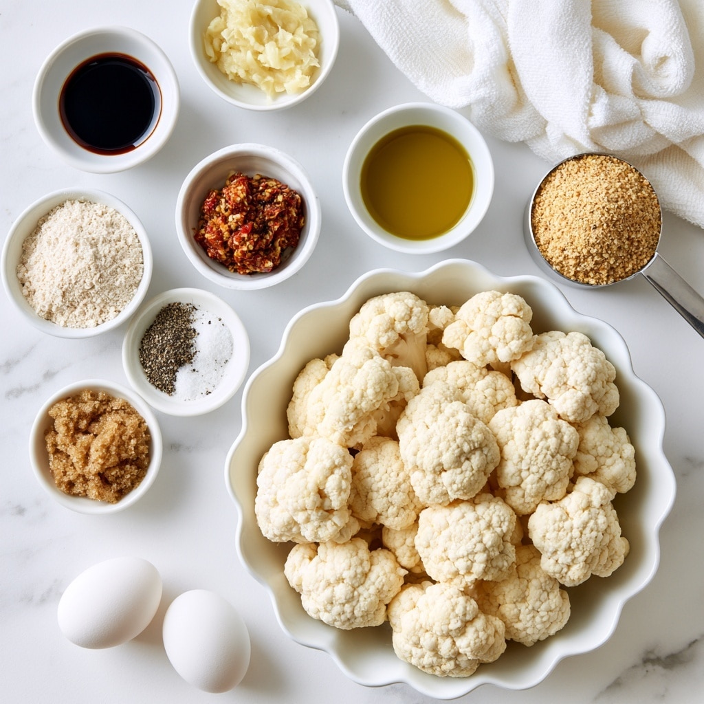 A white scalloped bowl filled with many light cream-colored cauliflower florets sits in the lower right corner on a white marbled surface. Surrounding the bowl are small white bowls and containers holding various cooking ingredients: a bowl with dark soy sauce at the top left, a bowl with pale ginger and garlic paste nearby, a small white bowl filled with golden olive oil to the right, and a metal measuring cup full of tan breadcrumbs on the upper right. Other small white bowls hold coarse flour, chili paste with a reddish color, a mixture of black pepper and salt, and brown sugar. Two plain white eggs rest near the bottom left of the frame. A white towel is softly folded near the upper right corner. The scene is bright and clean with ingredients spaced evenly. Photo taken with an iphone --ar 4:5 --v 7