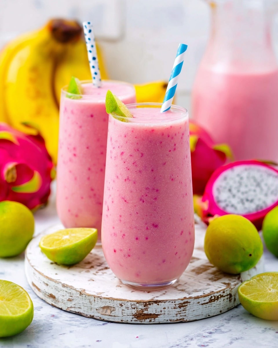 Two tall glasses filled with a smooth, light pink smoothie with tiny specks of darker pink are placed on a round, distressed white wooden board on a white marbled surface. Each glass has a blue and white striped straw and is garnished with a green lime wedge and a small green leaf on top. Around the board, there are whole limes and vibrant yellow bananas, as well as a cut dragon fruit showing its vibrant pink skin and white inside with black seeds. In the background is a glass jug filled with more of the pink smoothie. Photo taken with an iphone --ar 4:5 --v 7