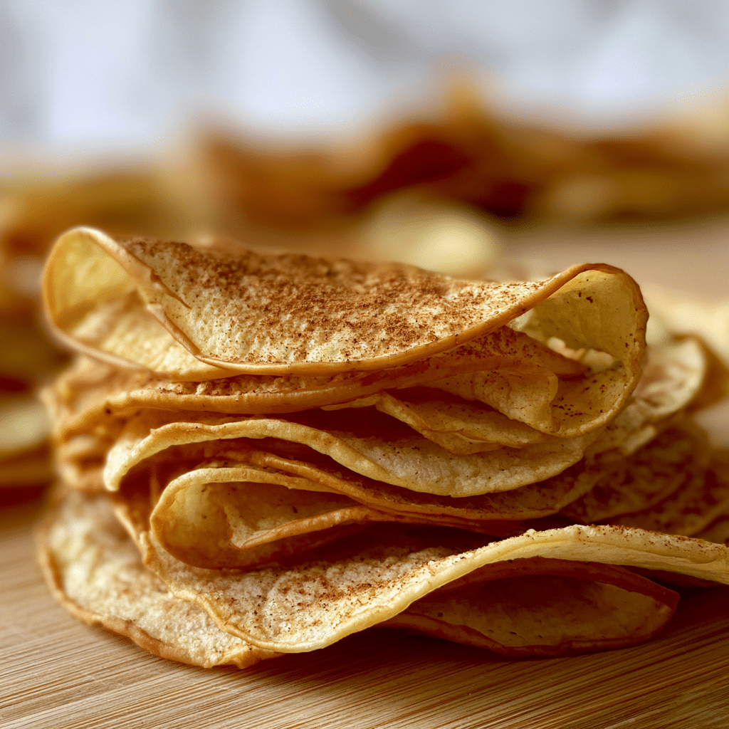 A stack of several thin, curled apple slices with a light brown color sprinkled with fine cinnamon powder rests on a wooden surface, arranged loosely to show the wrinkled texture and uneven edges of each slice, with some slices folded and layered over each other, creating a natural, rustic look; the background is softly blurred with more apple slices out of focus, all set against a white marbled texture. photo taken with an iphone --ar 4:5 --v 7