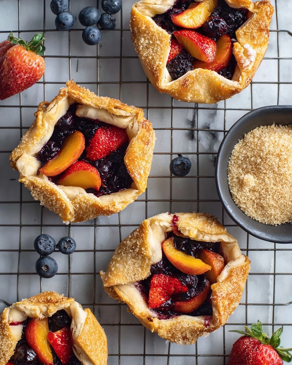 The image shows a small fruit tart with a golden brown crust folded over the edges of the filling. The tart is cut into two pieces, revealing a filling made of dark purple blueberries and red strawberry slices mixed together. The crust looks flaky and slightly shiny from a light glaze. The tart sits on brown parchment paper with a few small bits of fruit filling spilled nearby. Part of a white bowl with fresh strawberries and a metal spatula are visible at the edges of the image. The background is a white marbled texture. photo taken with an iphone --ar 4:5 --v 7