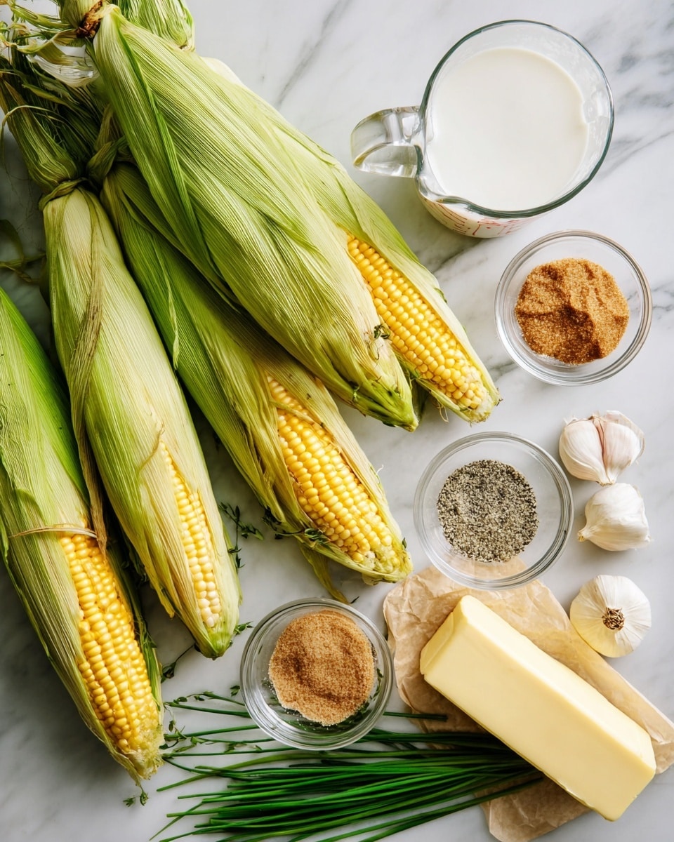 The image shows fresh corn on the cob partially wrapped in light green husks, arranged on a white marbled surface. Around the corn are several small clear bowls holding brown sugar, coarse salt, and black pepper. There are also fresh green chives placed next to the bowls. Three cloves of garlic are spread near the center. A glass measuring cup filled with milk and a stick of yellow butter wrapped in paper are placed on the right side of the scene. The whole setup looks fresh and natural, ready for cooking photo taken with an iphone --ar 4:5 --v 7