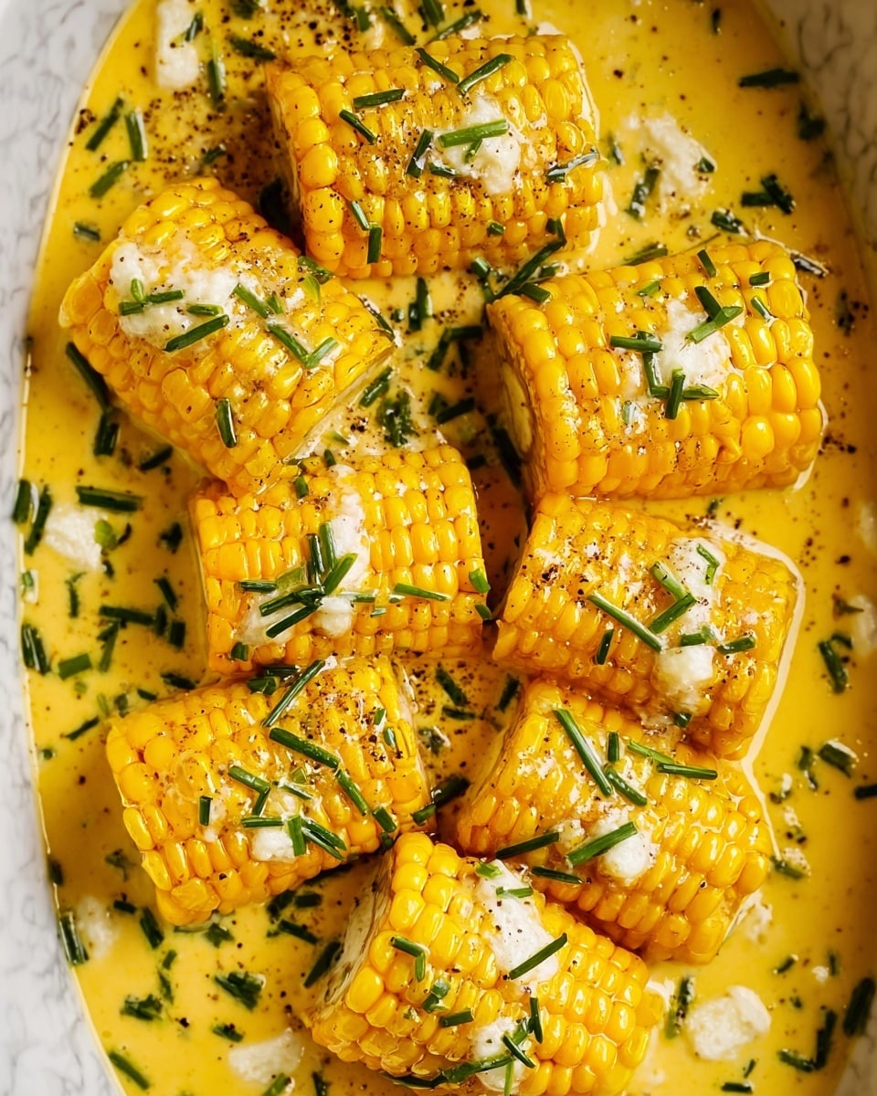 The image shows several pieces of bright yellow corn on the cob, each piece cut into smaller sections and lying close together in a creamy yellow sauce. The sauce covers the bottom and has a smooth texture with small white dollops of cheese scattered around. Tiny green chive pieces are sprinkled evenly on top of the corn and sauce, adding a fresh pop of color. There are also small black pepper specks visible on the corn and sauce, adding contrast. The entire dish sits on a white marbled surface. photo taken with an iphone --ar 4:5 --v 7