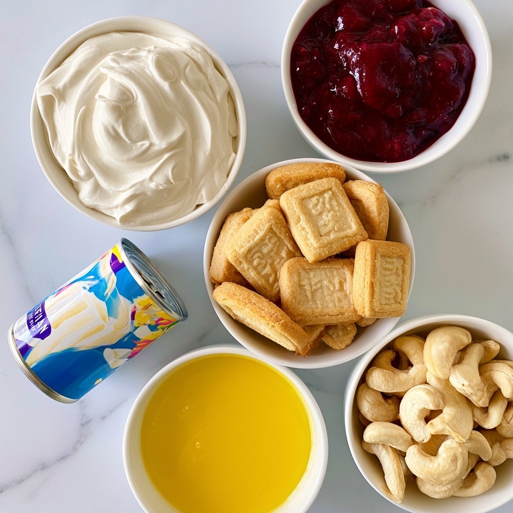 A top-down view shows six items arranged on a white marbled texture: in the top left, a white bowl filled with smooth, creamy white vegan cream cheese with soft swirls; to the right, a white bowl with thick, glossy dark red homemade vegan cherry curd with visible texture; below, a white bowl filled with light brown vegan cookies stacked casually, showing rectangular shapes with embossed text; to the left, a tilted can of vegan whipping cream with a colorful label mostly blue and white; below that, a white bowl with bright yellow melted vegan butter, smooth with a shiny surface; and to the right, a white bowl holding pale, whole cashews, showing their curved shapes. The layout is clean and bright. photo taken with an iphone --ar 4:5 --v 7