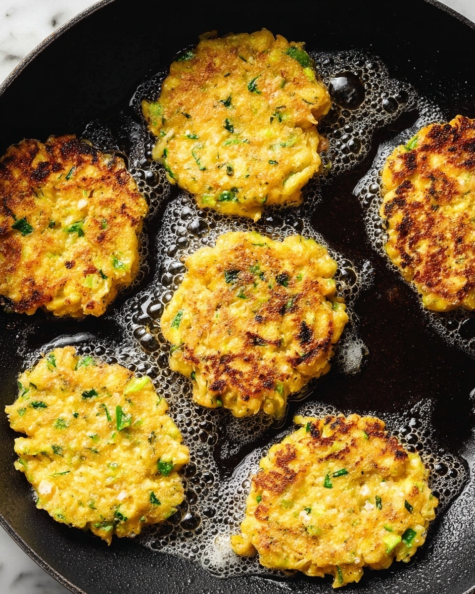 Several small, unevenly shaped patties frying in a black pan. Each patty is golden yellow with flecks of green herbs or vegetables, showing a rough texture that looks soft and slightly crispy on the edges. The patties are spread out in the pan with small bubbles of oil around them. The background is a white marbled texture. Photo taken with an iphone --ar 4:5 --v 7