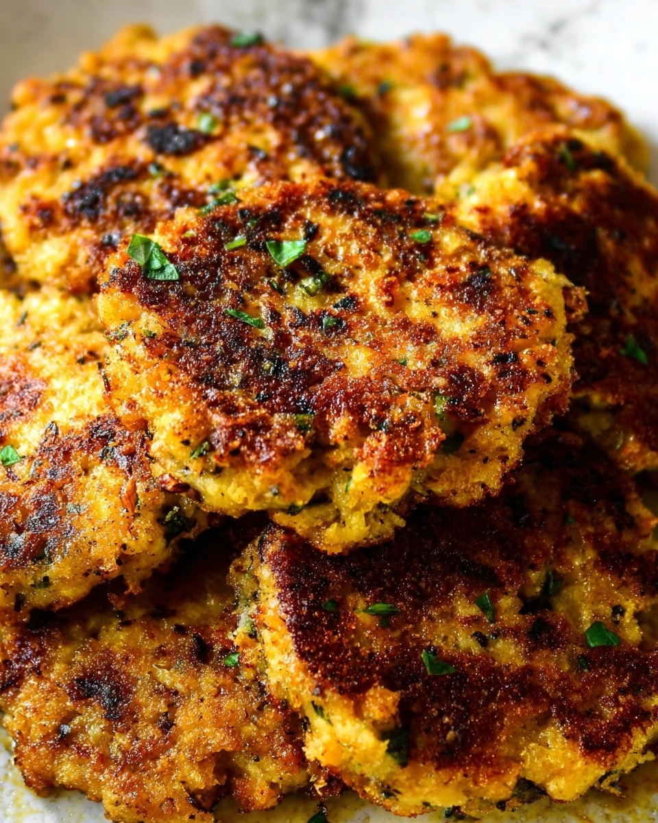 The image shows several golden brown, crispy patties stacked closely together. Each patty has a rough, textured surface with a mix of deeper browned areas and lighter golden yellow parts. Small green bits of herbs are scattered across and inside the patties, adding contrast. The patties look thick, with uneven edges and a slight shine from oil or butter. The background is a white marbled texture. photo taken with an iphone --ar 4:5 --v 7