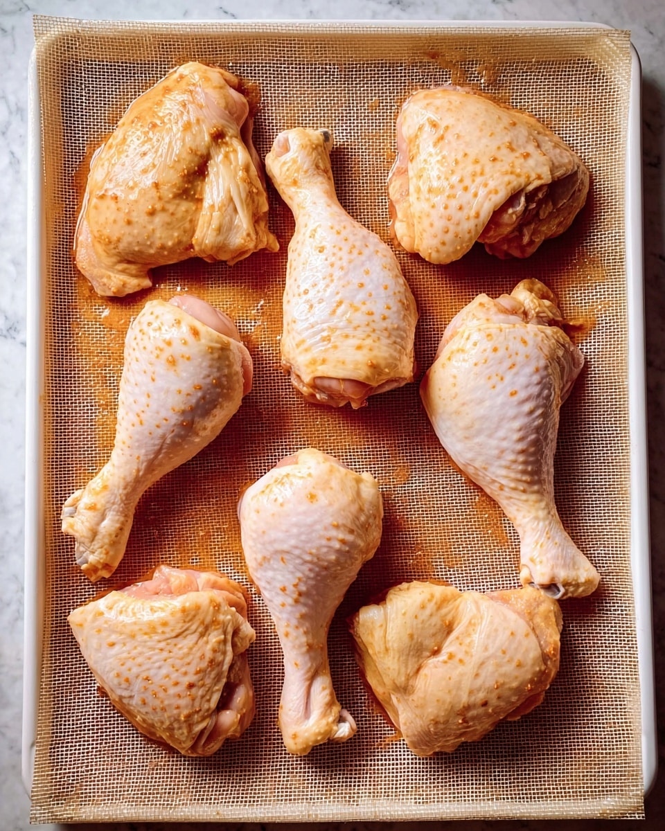 A white tray holds eight raw chicken pieces arranged neatly, consisting of four drumsticks and four thighs. Each piece is coated with a thin layer of marinade that gives a light glossy texture and pale orange spots scattered across the skin. The chicken skin has a natural pale beige tone with subtle wrinkles and folds. The tray is lined with a non-stick baking mat with a beige grid pattern visible underneath the chicken. The surface beneath the tray shows a white marbled texture faintly seen at the edges. The overall look is clean and ready for cooking. Photo taken with an iphone --ar 4:5 --v 7