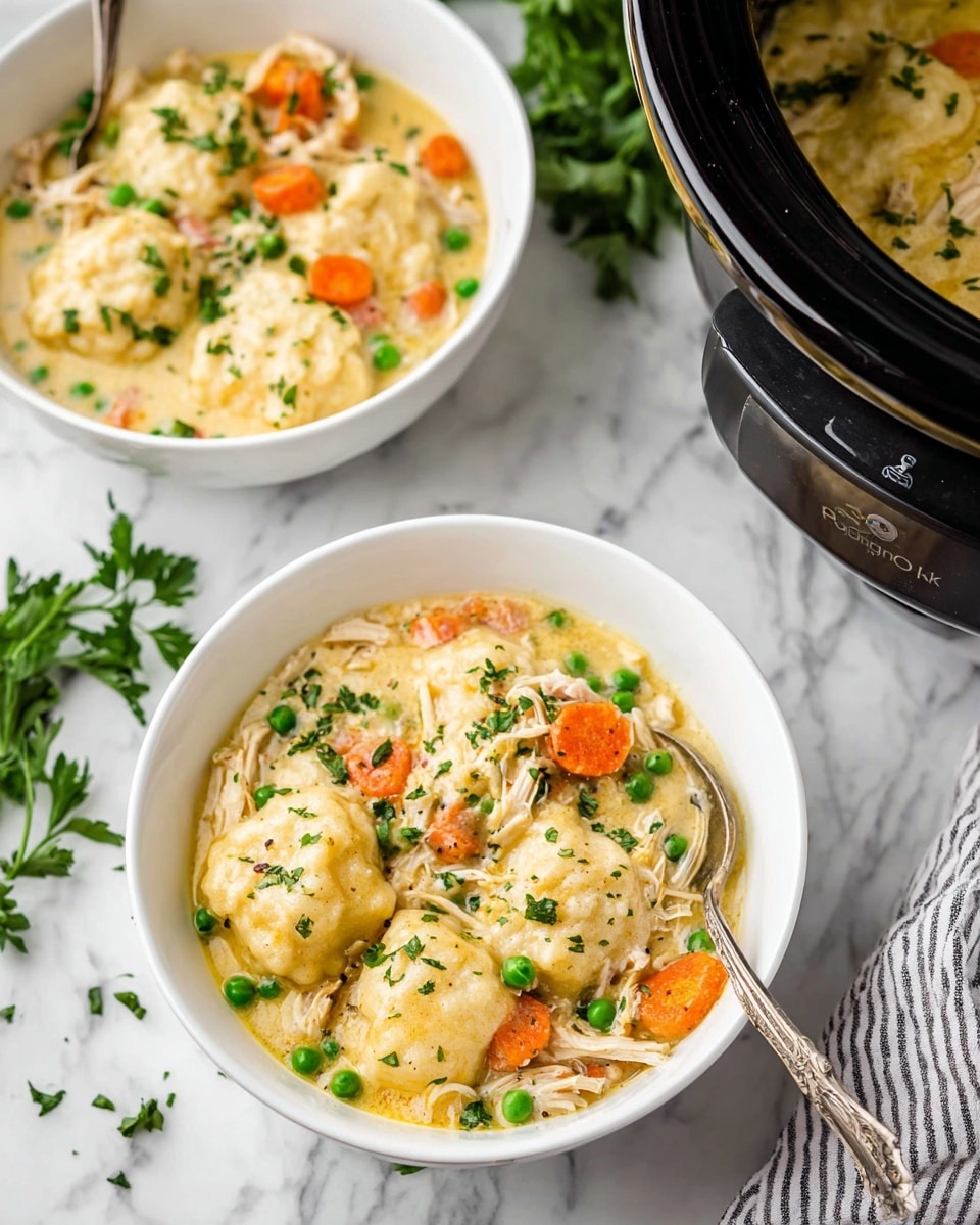 Two white bowls filled with creamy chicken stew, each containing three layers: the base layer has light, soft dumplings with a pale golden color, the middle layer shows a mix of creamy yellow broth and tender shredded chicken pieces, and the top layer is scattered with bright green peas, orange carrot slices, and small bits of fresh green herbs. One bowl is closer to the front and has a silver spoon resting inside, showing the creamy texture and chunks of the stew. The bowls sit on a white marbled surface with some green herbs nearby and a black slow cooker on the right side, with a striped cloth underneath. Photo taken with an iphone --ar 4:5 --v 7