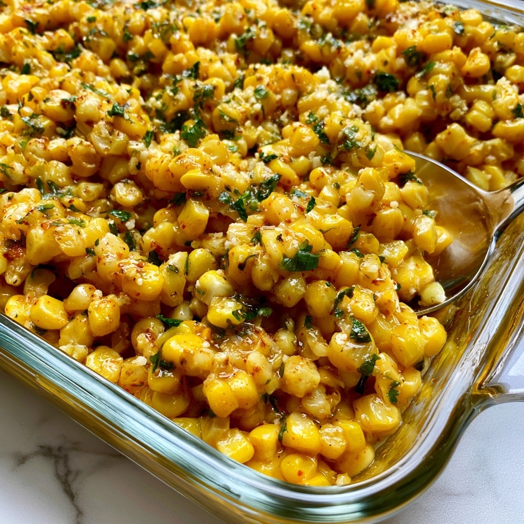 The image shows a close-up of a bowl filled with bright yellow cooked corn kernels mixed with small pieces of green herbs and white crumbly cheese sprinkled on top. The bowl is white, and a spoon is partially visible scooping the corn. The corn has a shiny texture, indicating it is well-coated with some seasoning or butter. The background is a white marbled surface. The photo is bright and colorful, focusing on the details of the corn, herbs, and cheese photo taken with an iphone --ar 4:5 --v 7