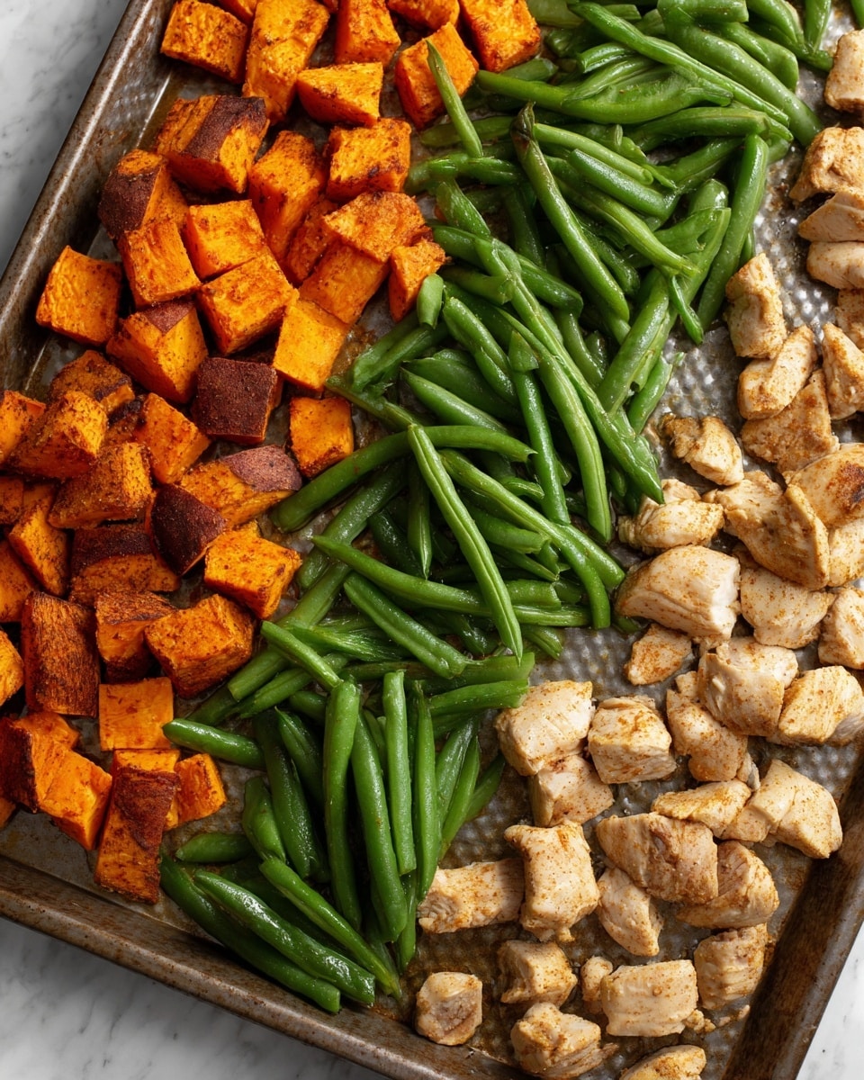 A close-up view of a baking tray filled with three layers arranged side by side: at the top are bright orange roasted sweet potato chunks with a slightly crispy, darkened surface, in the middle are fresh green beans with a smooth and firm texture, and at the bottom are light brown seasoned chicken pieces with a cooked but tender look. The baking tray has a textured metal surface, and the scene is set against a white marbled texture. photo taken with an iphone --ar 4:5 --v 7
