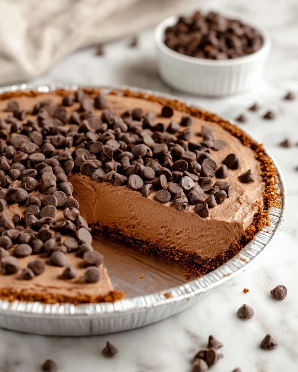 The image shows a pie with three layers: a crumbly brown crust at the bottom, a smooth light brown creamy chocolate filling in the middle, and a top layer covered in small, dark chocolate chips spread evenly. The pie is in a shiny foil pie dish sitting on a white marbled surface. Around the pie, there are some scattered chocolate chips and a small white bowl filled with more chocolate chips. The photo is taken close up, showing the pie's texture clearly. photo taken with an iphone --ar 4:5 --v 7