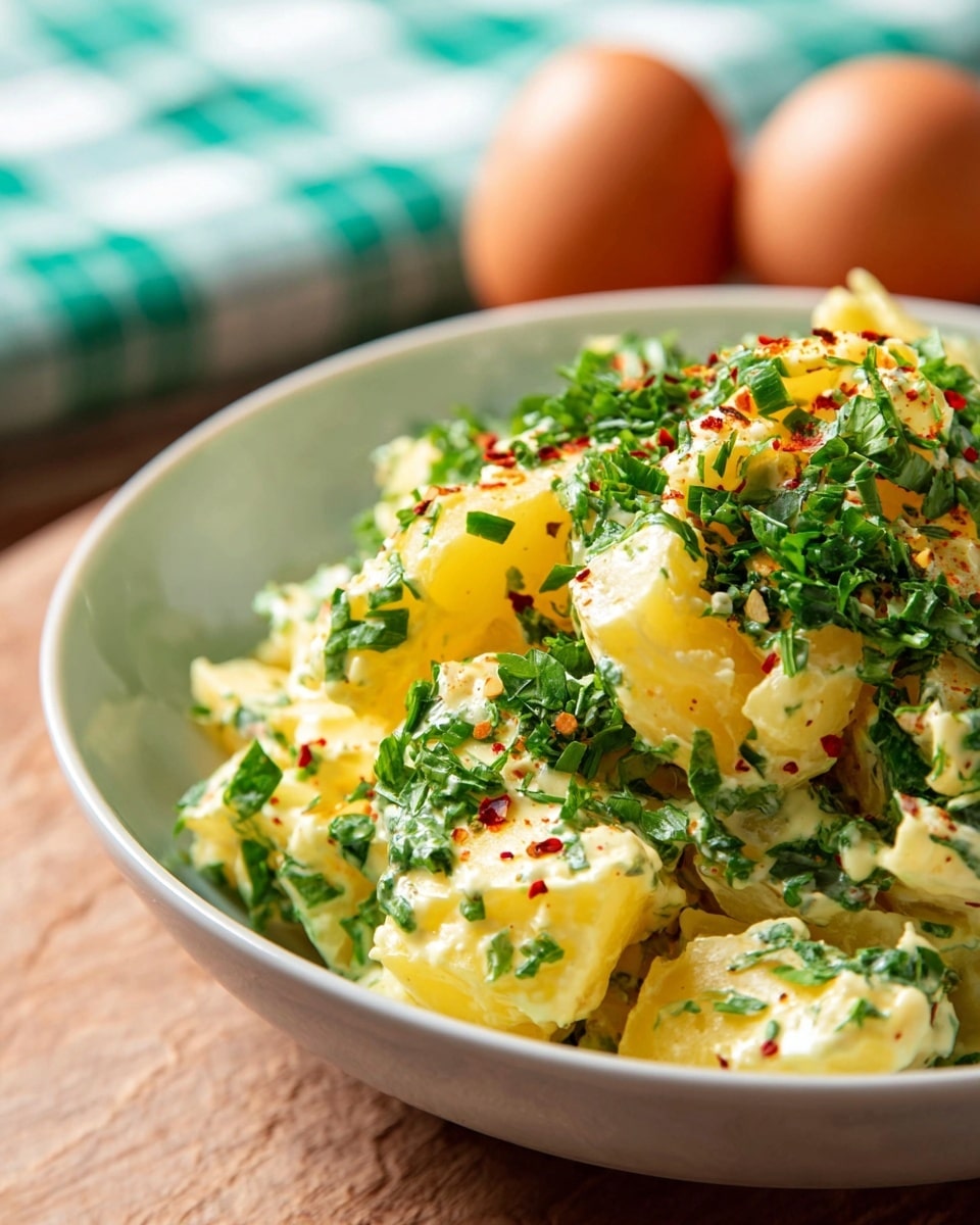 A close-up of a salad in a white bowl on a wooden surface with a white marbled texture background. The salad has about three layers: at the bottom, chunky pieces of pale yellow potatoes mixed with creamy, slightly shiny yellow dressing make up the main layer. On top of this, finely chopped green herbs are sprinkled generously, adding bright green spots all over. There are some red chili flakes lightly spread across the salad, giving small red dots that pop against the yellow and green. In the background, two whole brown eggs rest on a soft green and white checkered cloth, blurred to keep focus on the salad. photo taken with an iphone --ar 4:5 --v 7
