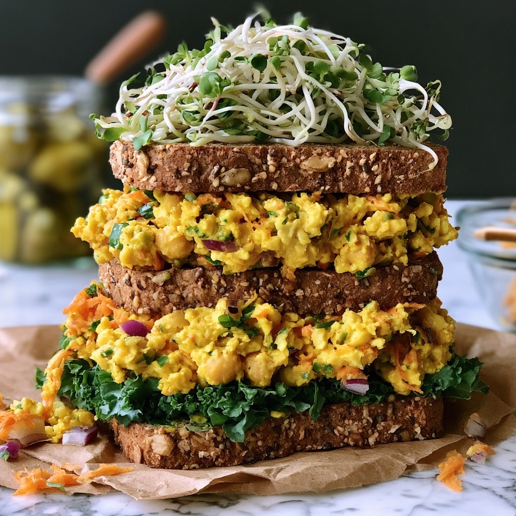 A white speckled bowl filled with a creamy chickpea salad that has a yellowish color mixed with small pieces of purple onion and green dill scattered throughout; a wooden spoon with a white head is placed inside the bowl, partially covered by the salad. To the top left, there are three slices of multigrain bread stacked on a wooden board, showing a light brown crust with a porous texture. Nearby, a small white speckled bowl holds finely chopped purple onion. In the upper right, a dark container is filled with fresh green sprouts. The whole scene is set on a white marbled surface, and fresh dill sprigs rest near the bottom left corner. A jar with a greenish liquid sits on the right side. Photo taken with an iphone --ar 4:5 --v 7