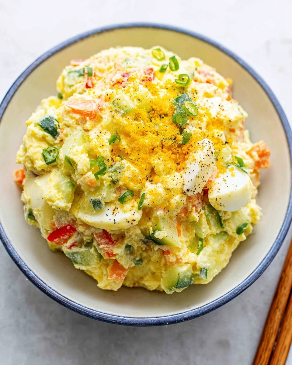 A round scoop of potato salad is placed in a white bowl with a light blue rim, resting on a white marbled surface. The potato salad has a creamy yellow texture with visible chunks of white boiled egg pieces, green sliced cucumber, small bits of orange carrot, and red bell pepper scattered throughout. The top of the salad is sprinkled with a fine layer of yellow egg yolk crumbs and small green onion slices, along with a light dusting of black pepper. A pair of wooden chopsticks lies diagonally at the bowl's right side. Photo taken with an iphone --ar 4:5 --v 7