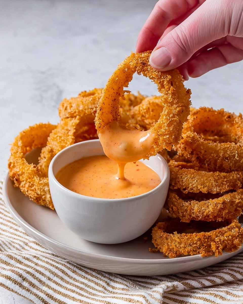 A woman's hand is holding a golden brown crispy onion ring halfway dipped into a small white bowl filled with creamy orange dipping sauce, with the sauce dripping slightly from the ring. The bowl sits on a round white plate along with more stacked onion rings that have a crunchy texture. The plate rests on a beige and white striped cloth, all placed on a white marbled surface background. photo taken with an iphone --ar 4:5 --v 7
