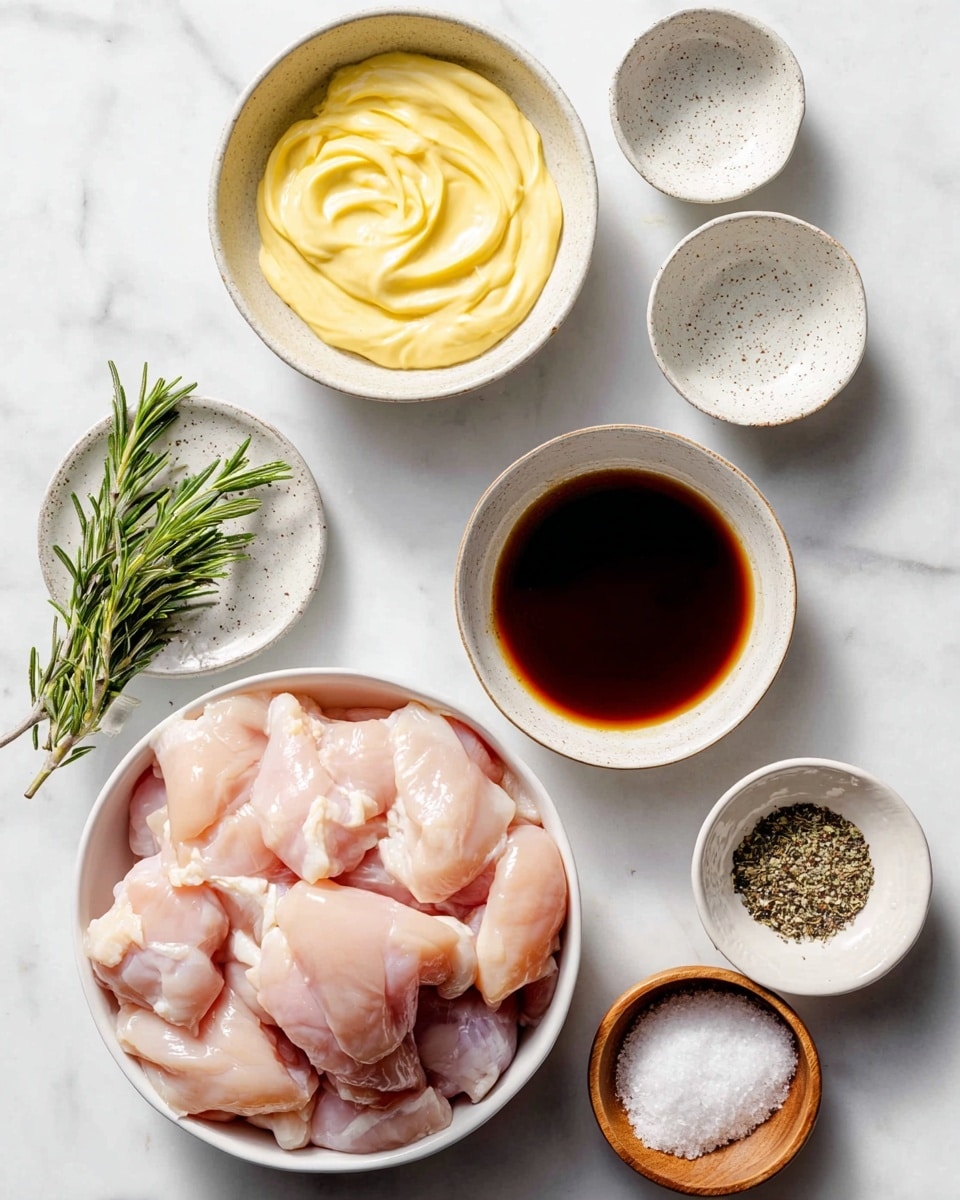 The image shows a top view of several small white bowls arranged on a white marbled surface. One large white bowl is filled with raw, pale pink chicken pieces piled together. A bowl with thick light yellow sauce has soft, swirled texture, sitting near two empty white bowls with speckled rims. Another small white bowl contains dark brown liquid or sauce with a smooth surface. Fresh green rosemary needles fill a small white speckled bowl, while two wooden small bowls hold coarse salt and black pepper mixture, and white powder, both with textured surfaces. The composition is clean and well-organized, showing raw ingredients for cooking with different colors and textures. photo taken with an iphone --ar 4:5 --v 7