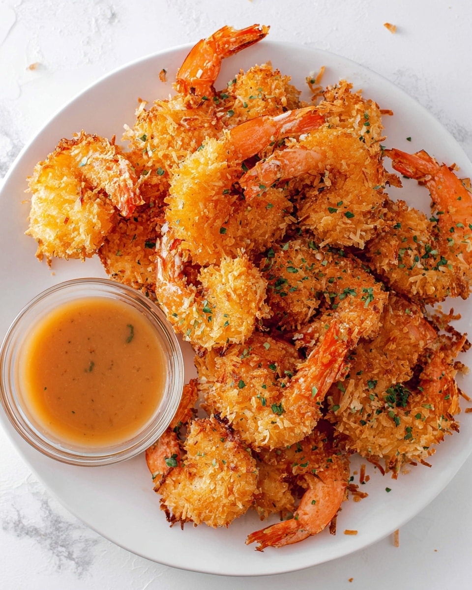 A white plate filled with a pile of golden brown coconut shrimp, each piece crispy with a textured coating of toasted coconut flakes and small green herb sprinkles scattered over the top. The shrimp tails are orange and visible, curling slightly. On the lower left side of the plate, there is a clear round container holding a light brown dipping sauce with a smooth surface. The plate sits on a white marbled surface, creating a clean and bright background. photo taken with an iphone --ar 4:5 --v 7