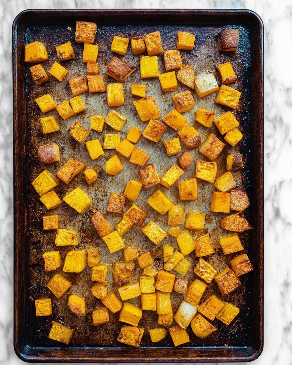 The image shows a dark, well-used baking tray filled with small, roasted cubed pieces of orange-yellow squash. The cubes vary in size and color, with some pieces showing a crispy browned edge, while others remain a brighter yellow-orange. The tray has a rustic, slightly oily texture from roasting, and the squash cubes are spread out unevenly across the tray. The background is a white marbled texture. photo taken with an iphone --ar 4:5 --v 7