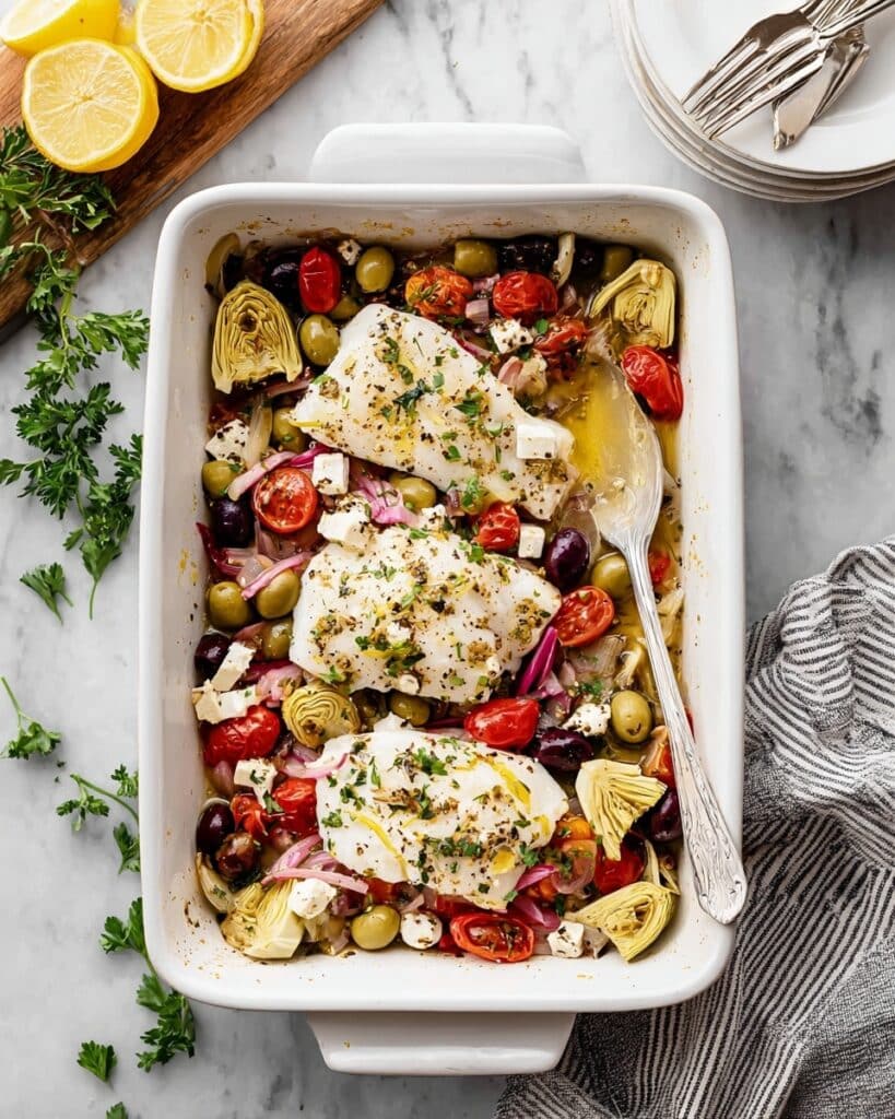 Greek Baked Cod with Cherry Tomatoes, Artichokes, and Feta Recipe