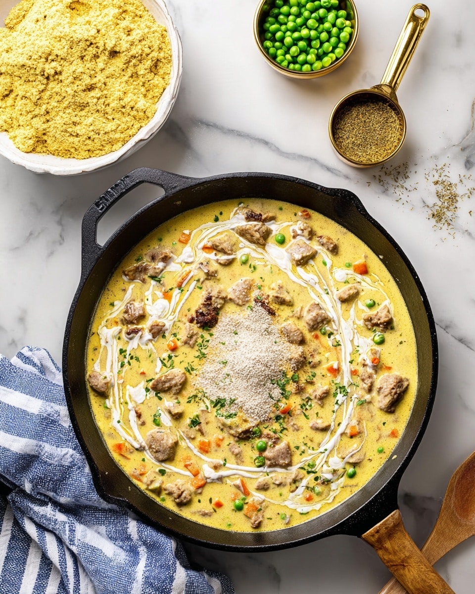 A black cast iron pan holds a creamy yellow sauce with chunks of cooked brown meat and small diced orange and green vegetables scattered throughout. On top of the sauce, there are white swirls of cream and a small pile of powdered spices in the center, varying in shades of beige and light green. Next to the pan, a bowl with a rough textured yellowish mixture sits on a white marbled surface, alongside a gold measuring cup filled with bright green peas. A blue and white striped cloth is draped casually near the pan, and a wooden spoon lies nearby. Photo taken with an iphone --ar 4:5 --v 7
