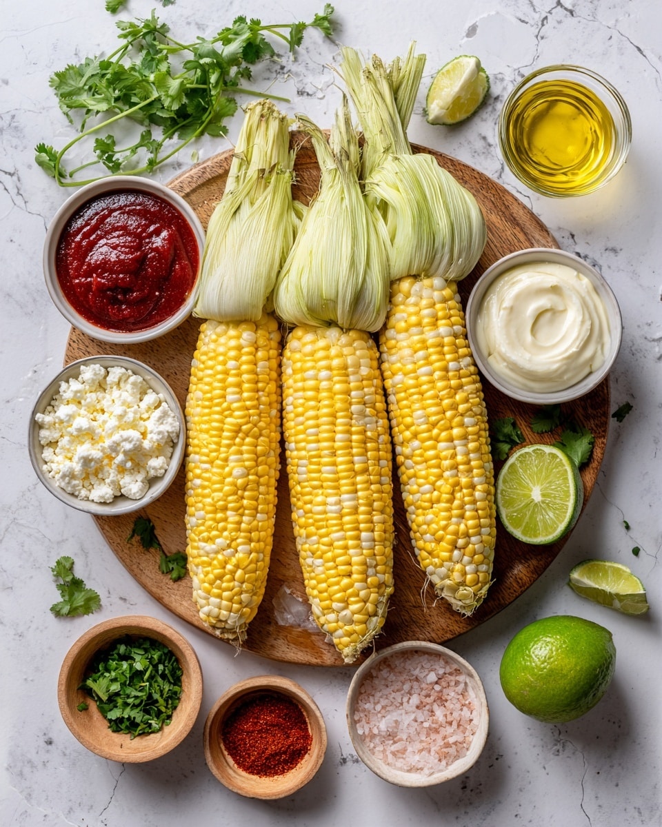 The image shows three light yellow corn ears with some green husks peeled back, arranged on a round wooden board on a white marbled surface. Around the board are small white bowls containing different ingredients: a bowl of deep red adobo sauce, white crumbly cotija cheese, a pale yellow liquid of lime juice, a smooth white mayo, creamy white sour cream, finely chopped green cilantro, bright green lime wedges in a wooden bowl, a small dish with pink salt, a bowl with red chili powder, and a small glass container with golden avocado oil. The overall arrangement is neat, with the colors of the ingredients contrasting against the white marbled background photo taken with an iphone --ar 4:5 --v 7