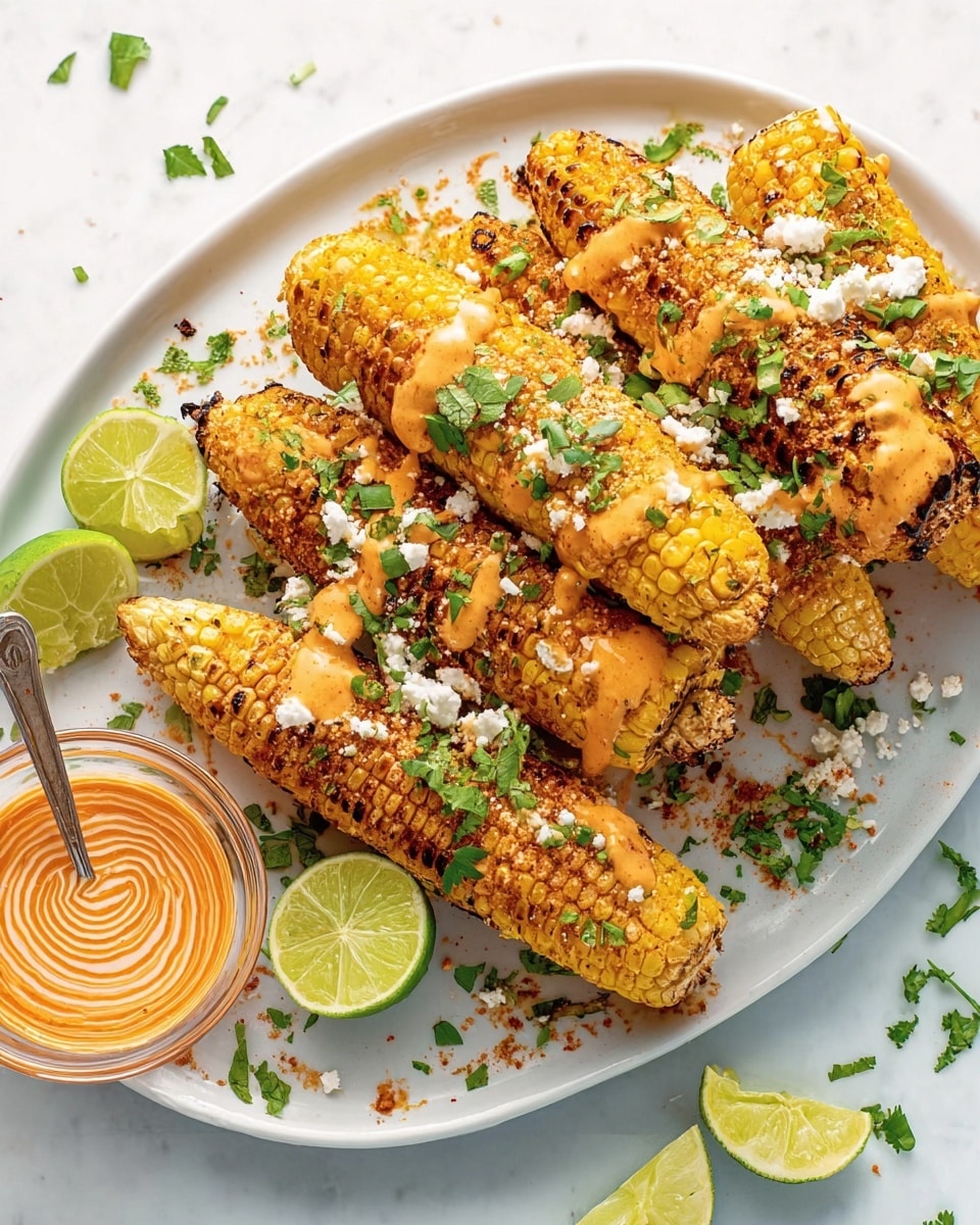The image shows a white oval plate filled with eight grilled corn pieces arranged in two layers, each corn piece golden yellow with brown grill marks. The corn is topped with small white crumbles, light orange creamy sauce, and sprinkled with bright green chopped herbs scattered across and around the corn. On the left side of the plate, there is a clear glass bowl with a swirl of orange and red dipping sauce and a small spoon inside. Two lime wedges are placed on the plate near the corn, and some chopped herbs and sauce dots are scattered on the white marbled surface beneath the plate. Photo taken with an iphone --ar 4:5 --v 7