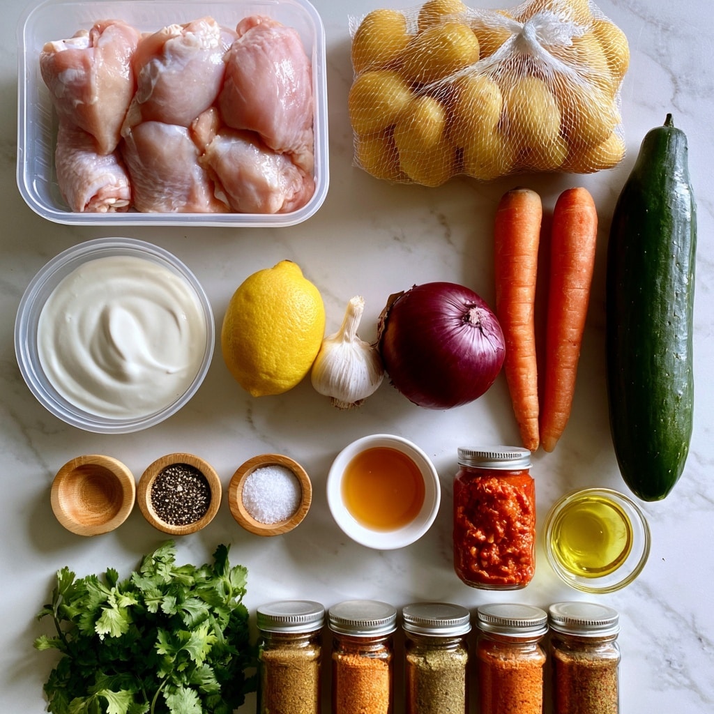 The image shows an organized arrangement of ingredients on a white marbled surface, each labeled with black bold text. Starting from the top left, there is a clear plastic container holding five pale pink raw chicken thighs. To the right, a net bag filled with small yellow potatoes. Below the chicken, a clear bowl contains white yogurt. Next to it is a whole bright yellow lemon, a bulb of white garlic, a whole deep purple onion, and two long orange carrots standing upright. A whole dark green cucumber lies vertically on the far right. Small wooden bowls hold black pepper and white salt, and a small white bowl contains golden honey. A jar of red Harissa paste sits beside a small bowl of yellow oil. In the bottom row, fresh green cilantro leaves are on the far left, followed by five clear spice jars labeled