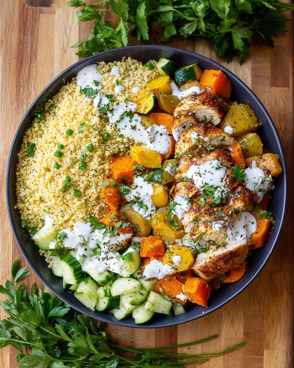 A white bowl contains four main layers arranged side by side: on the left, a mound of light yellow couscous sprinkled with small green herb pieces; next a layer of bright green chopped cucumber cubes; then a mix of roasted vegetables including orange carrot slices and yellow potato chunks topped with white sauce drizzles and small herb pieces; and finally a piece of browned roasted chicken with white sauce drizzled on top and sprinkled with green herbs and black pepper. The bowl is on a wooden surface, and fresh green herbs rest next to it. Photo taken with an iphone --ar 4:5 --v 7