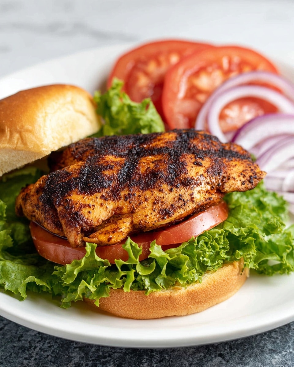 A sandwich is shown open-faced on a white plate with a white marbled background. The bottom layer is a toasted bun with a golden brown, slightly crisp texture. On top of it rests a large, grilled piece of seasoned chicken with dark grill marks and a reddish-brown, slightly charred surface. Above the chicken, fresh bright green curly lettuce leaves add volume and texture. To the right of the lettuce are three slices of red tomato with watery shine, and next to them, several thin rings of purple-red onion with a translucent look. The top half of the bun is toasted lightly and rests behind the leafy lettuce. Photo taken with an iphone --ar 4:5 --v 7