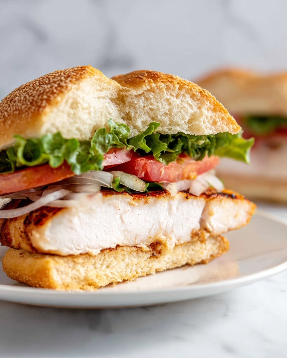 A close up of a sandwich cut in half showing four layers inside a sesame seed topped bun: the bottom layer is a thick, white grilled chicken piece with a crisp light brown edge; above it is bright green leafy lettuce; next is small pieces of white onion mixed with thin slices of red tomato; the top bun is soft with a light crust and sesame seeds. The sandwich sits on a white plate with a white marbled background. Photo taken with an iphone --ar 4:5 --v 7