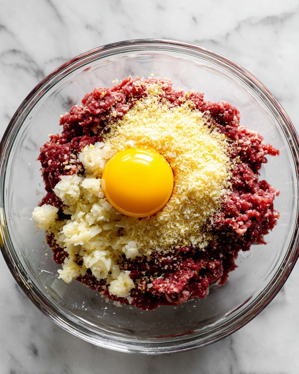 A clear glass bowl sits on a white marbled surface, holding layers of raw ground meat that are dark red with a rough texture, topped with a bright yellow raw egg yolk in the center. Around the yolk, there are small clumps of minced garlic which are pale beige and crumbly light yellow grated cheese sprinkled over the meat. The ingredients are arranged in small piles within the bowl, with the meat forming the base layer and the egg yolk, garlic, and cheese layered on top. photo taken with an iphone --ar 4:5 --v 7