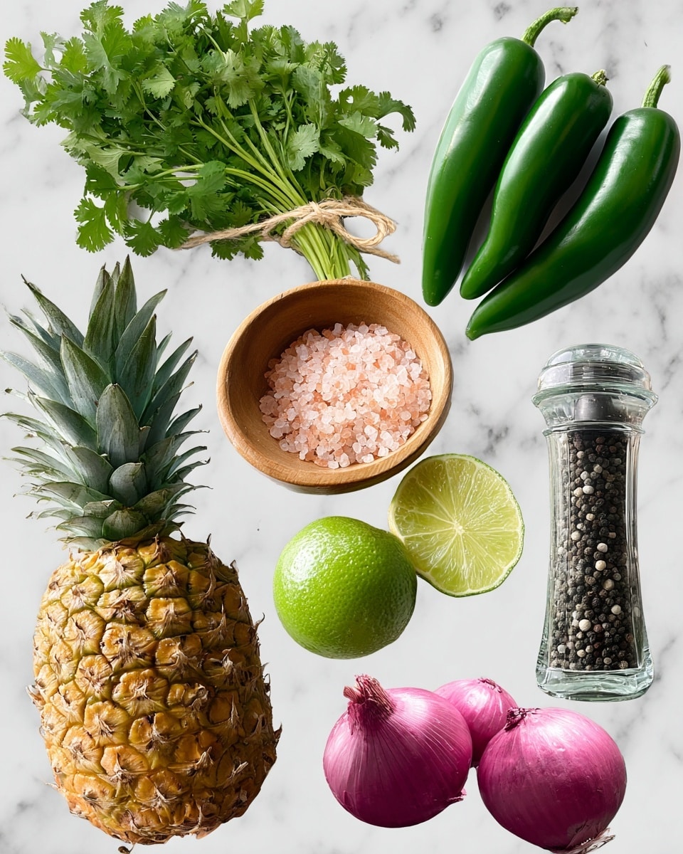 The image shows a bunch of fresh green cilantro tied with string at the top left, two whole bright green jalapeños at the top right, and two green limes below the cilantro with one lime halved to show its juicy interior. At the bottom left is a whole pineapple with spiky green leaves and yellow-brown skin. Next to the pineapple is a light brown ginger root with its rough texture visible. A small wooden bowl spills pink Himalayan salt crystals below the ginger. To the right of the salt is a clear pepper grinder filled with black peppercorns. At the bottom right are two whole red onions, one of which is halved to reveal its purple and white inner layers. All objects rest on a white marbled surface. Photo taken with an iphone --ar 4:5 --v 7