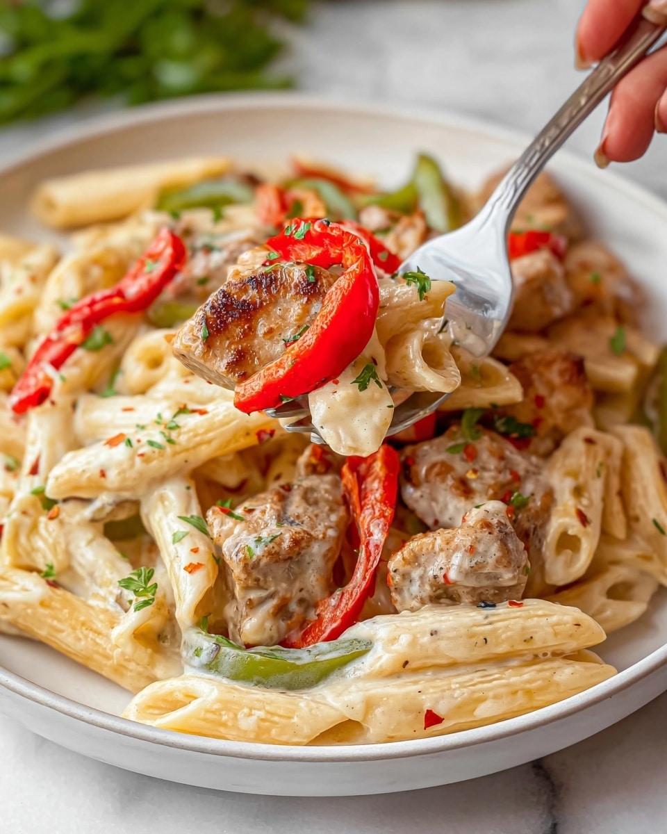 A close-up view of creamy pasta served on a white plate with a white marbled surface in the background. The dish has three main layers: the base layer is light beige penne pasta covered in a creamy white sauce; on top are pieces of browned meat with a slightly crispy texture; scattered throughout are bright red and green bell pepper slices adding color contrast. The dish is garnished with small green parsley bits and some red chili flakes. A silver fork is lifting a scoop of penne pasta and a red pepper slice from the plate, held by a woman's hand. Photo taken with an iphone --ar 4:5 --v 7