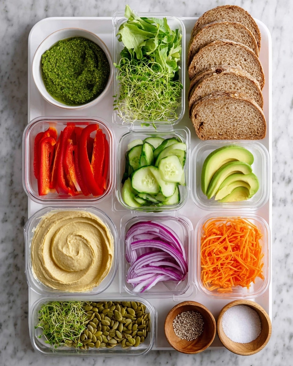 A white tray on a white marbled surface holds an organized variety of foods in clear and white containers. On the top left is a small round white bowl with green pesto sauce, next to it is a larger round white bowl filled with smooth, light beige hummus. To the right, on a napkin, are four bright green avocado slices. Below this row, there is a clear container filled with red bell pepper strips, next to it a clear container with thin purple onion slices, and under that, a clear container with thin pale yellow apple slices. To the left are green lettuce leaves and a clear container with green sprouts. Below them is a smaller white bowl of green pumpkin seeds, next to it is a clear container with shredded orange carrots, and to the right another clear container with fresh green cucumber slices. At the bottom left corner, eight slices of whole wheat bread are neatly stacked. Two small wooden bowls at the bottom right hold white salt and black pepper. The scene is clean and fresh, photo taken with an iphone --ar 4:5 --v 7