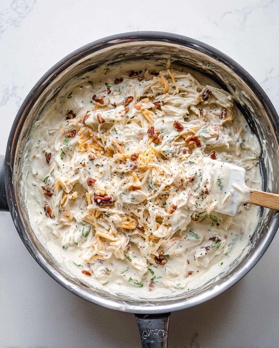 A close-up of a metal pan filled with a creamy mixture of shredded white and orange cheese, small bits of brown nuts or bacon, and green herbs mixed in rich white sauce with specks of black pepper, placed on a white marbled surface, with a silicone spatula inside the pan lifting the mixture photo taken with an iphone --ar 4:5 --v 7