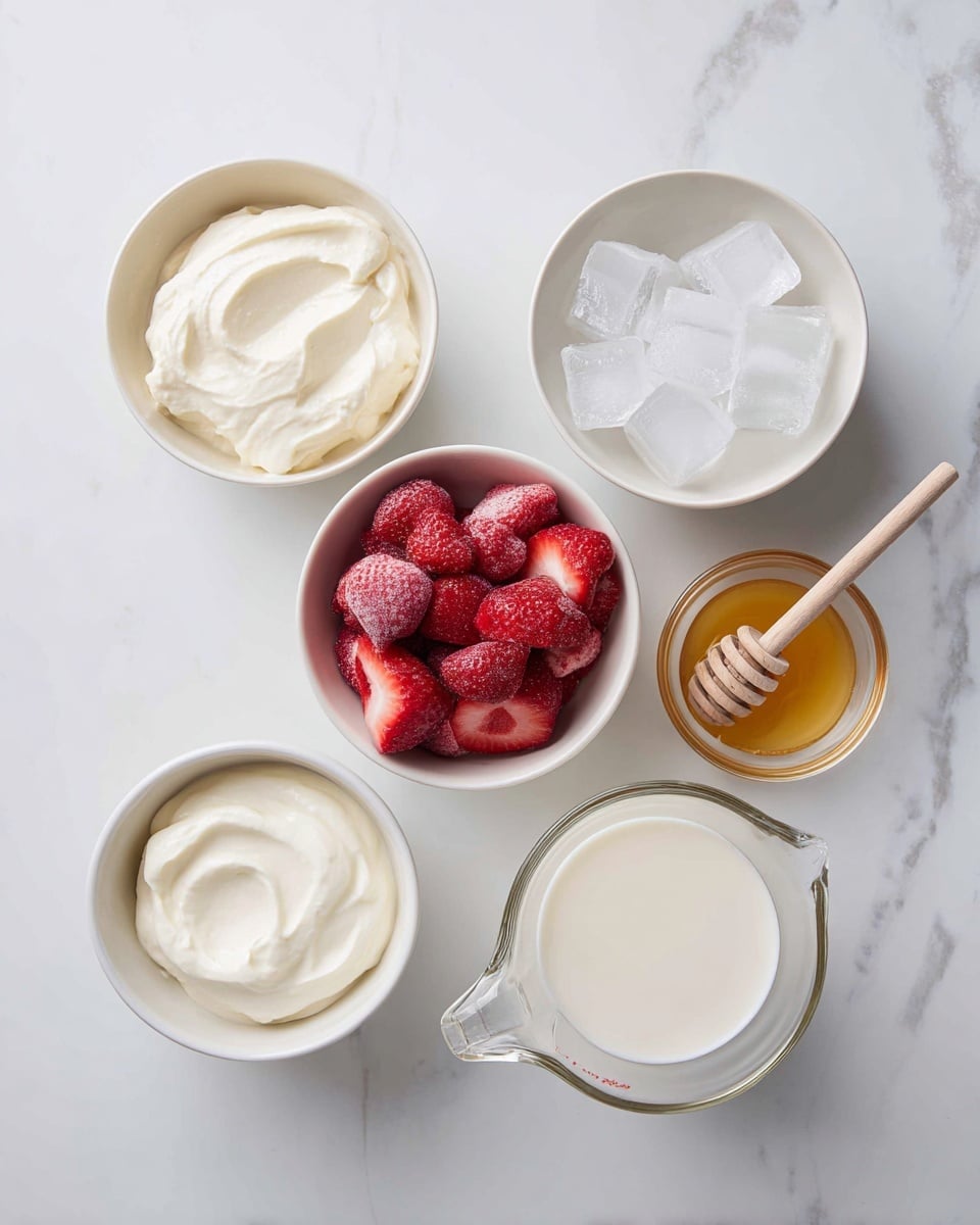 The image shows six small white bowls and a clear measuring cup arranged neatly on a white marbled surface. From left to right, the bowls contain a creamy off-white fat-free whipped cream cheese with a smooth texture, frosty red frozen strawberries packed tightly showing icy frost, a bowl of clear ice cubes with sharp edges, a white bowl filled with smooth plain nonfat yogurt, and a small white bowl holding golden honey with a wooden honey dipper resting inside. The clear glass measuring cup holds a pale skim milk with a liquid surface, positioned near the center bottom. Each ingredient is spaced apart and well-lit, creating a clean and fresh visual. Photo taken with an iphone --ar 4:5 --v 7