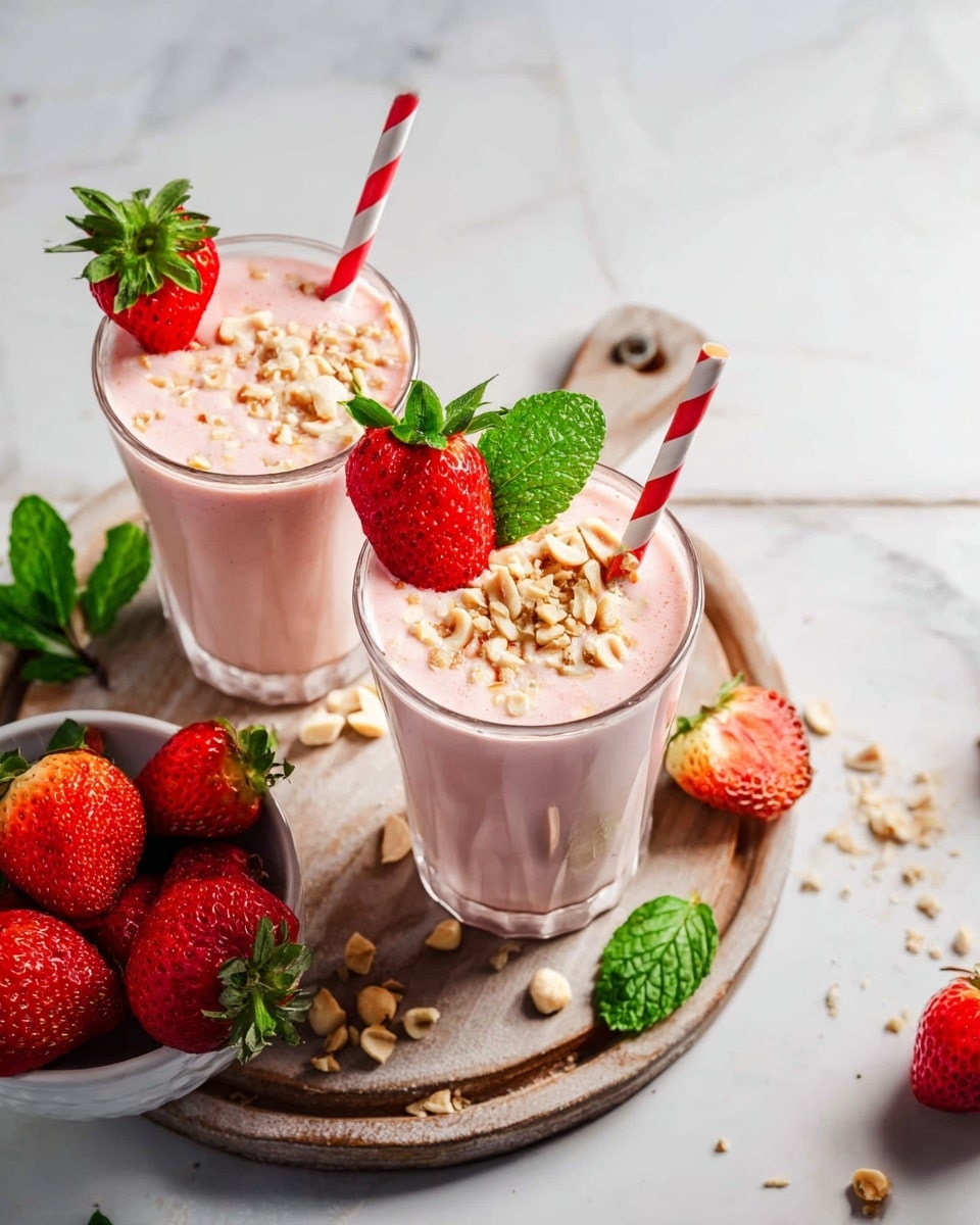 Two glasses sit on a round wooden board placed on a white marbled surface. Each glass has a pink creamy smoothie as the main layer, topped with chopped light beige nuts scattered evenly. On one glass, a whole bright red strawberry with green leaves and a sprig of green mint rests on top, alongside a red and white striped straw. The other glass is topped with two red strawberries with green leaves, a mint leaf, and chopped nuts, also with a red and white striped straw sticking out. Nearby, a white bowl filled with bright red strawberries sits on the surface, with a few loose strawberries scattered around. Photo taken with an iphone --ar 4:5 --v 7